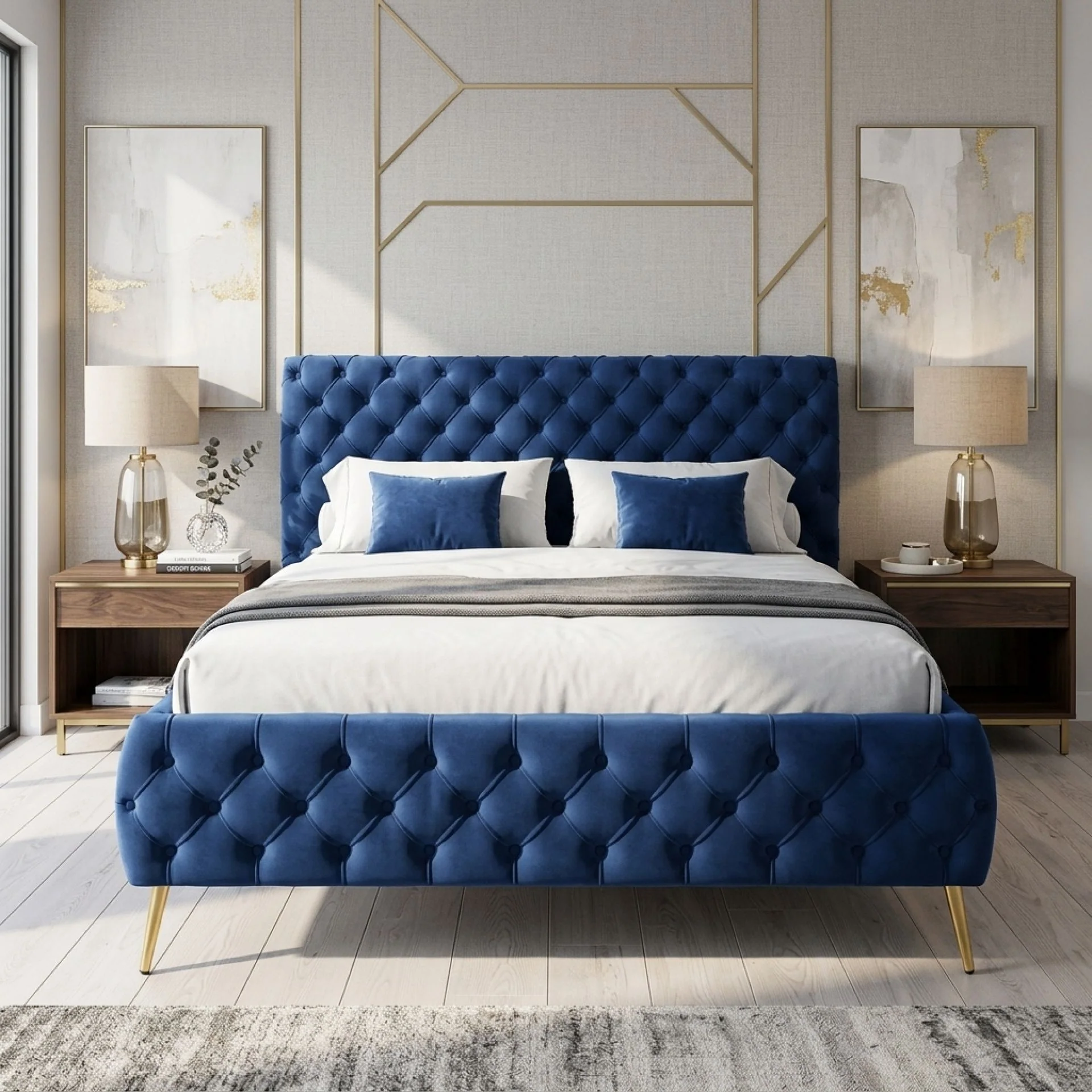 Adams Velvet Queen Bed Frame - Navy Blue - Image 5