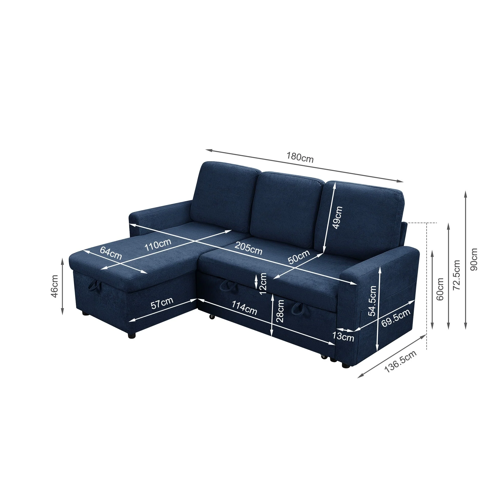 Amy 3 Seater Sofa Bed with Storage - Blue - Image 18