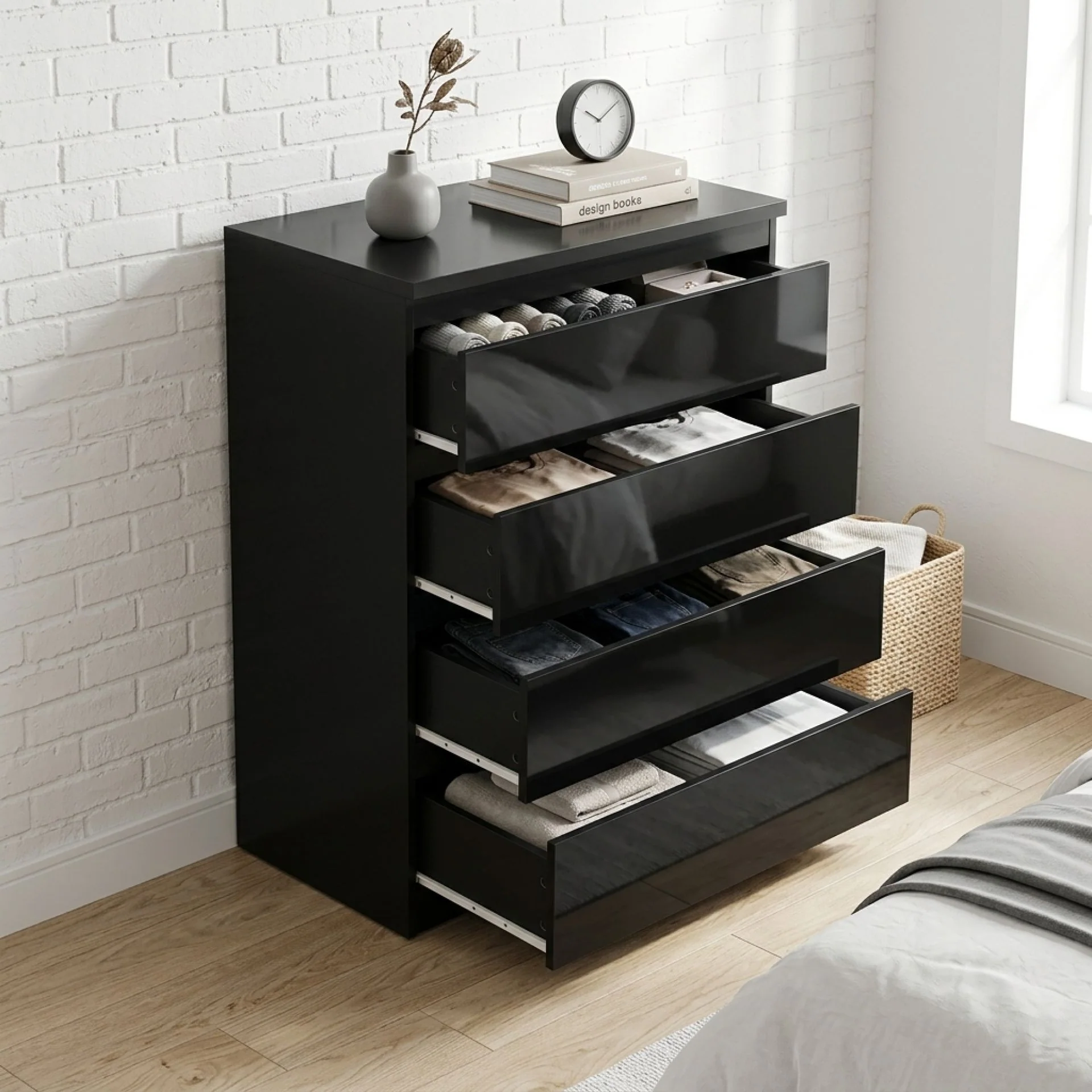 Angeles High Gloss 4 Drawer Tallboy - Black - Image 2