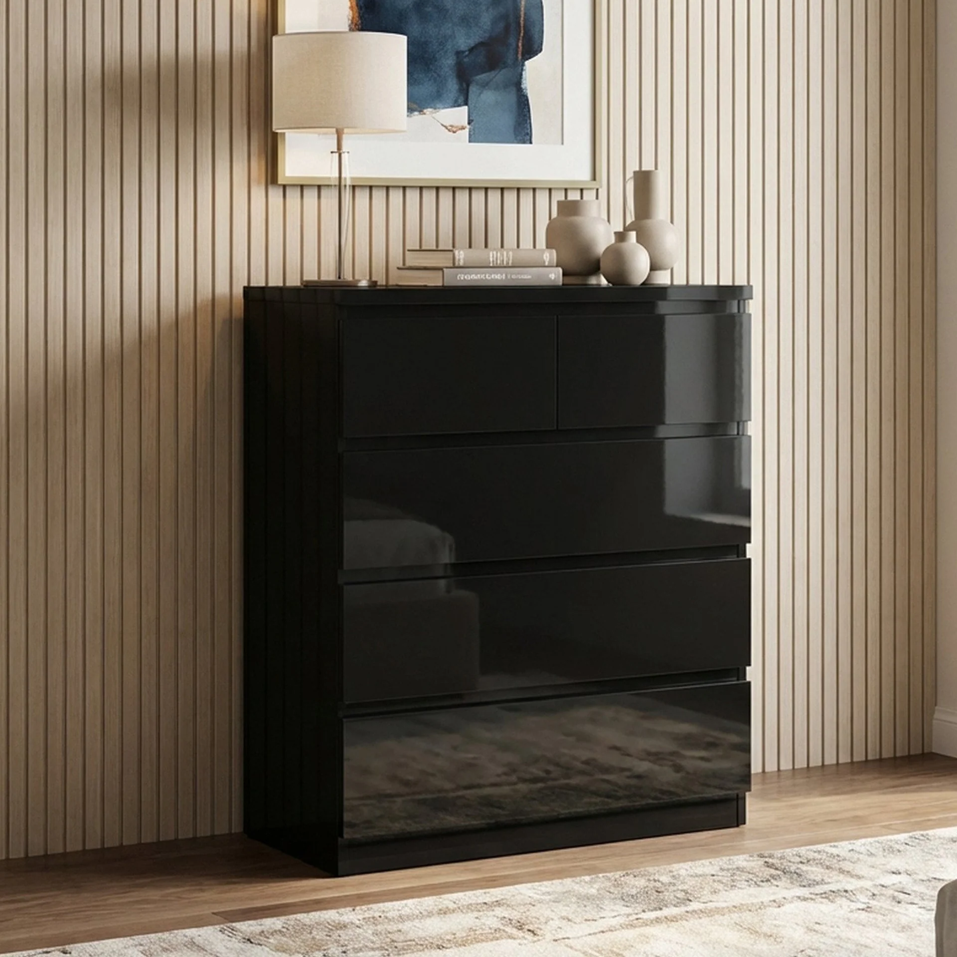 Angeles High Gloss 5 Drawer Tallboy - Black