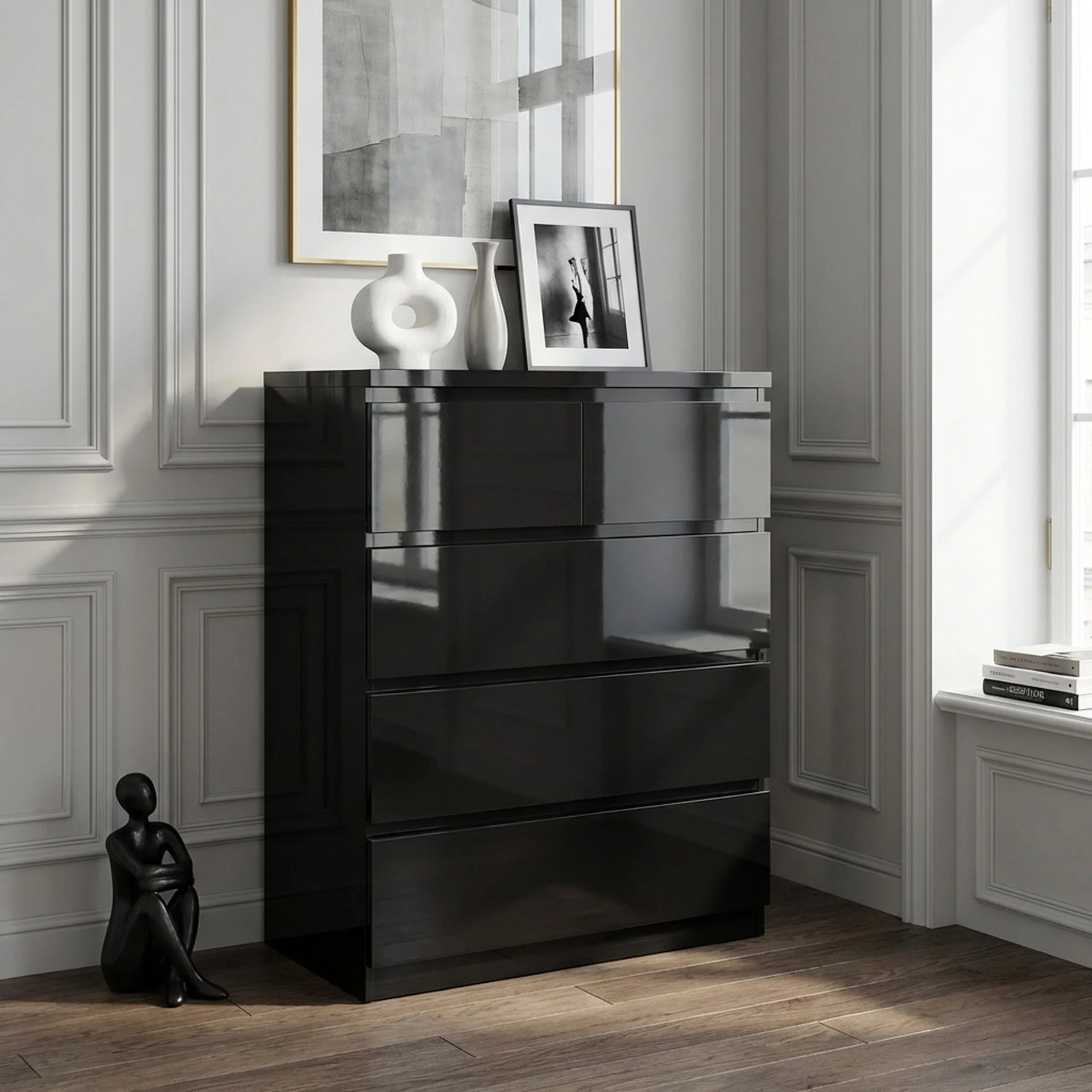 Angeles High Gloss 5 Drawer Tallboy - Black - Image 4