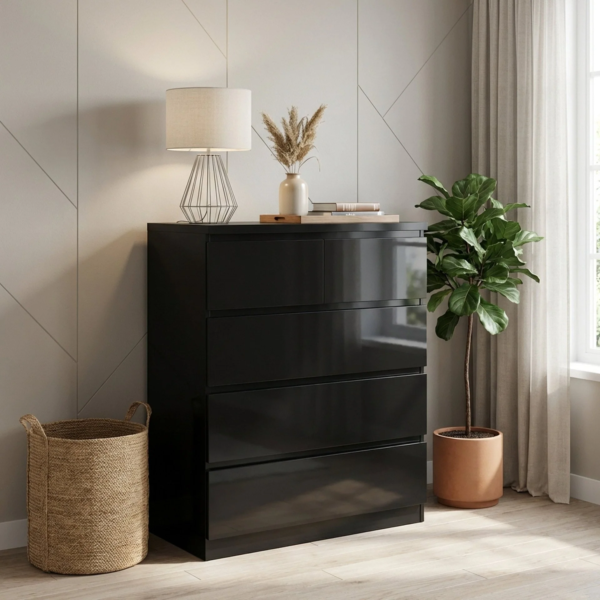 Angeles High Gloss 5 Drawer Tallboy - Black - Image 5