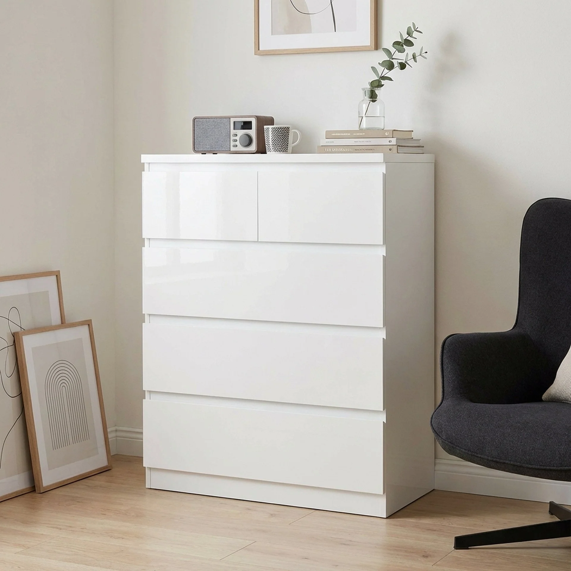Angeles High Gloss 5 Drawer Tallboy - White - Image 3