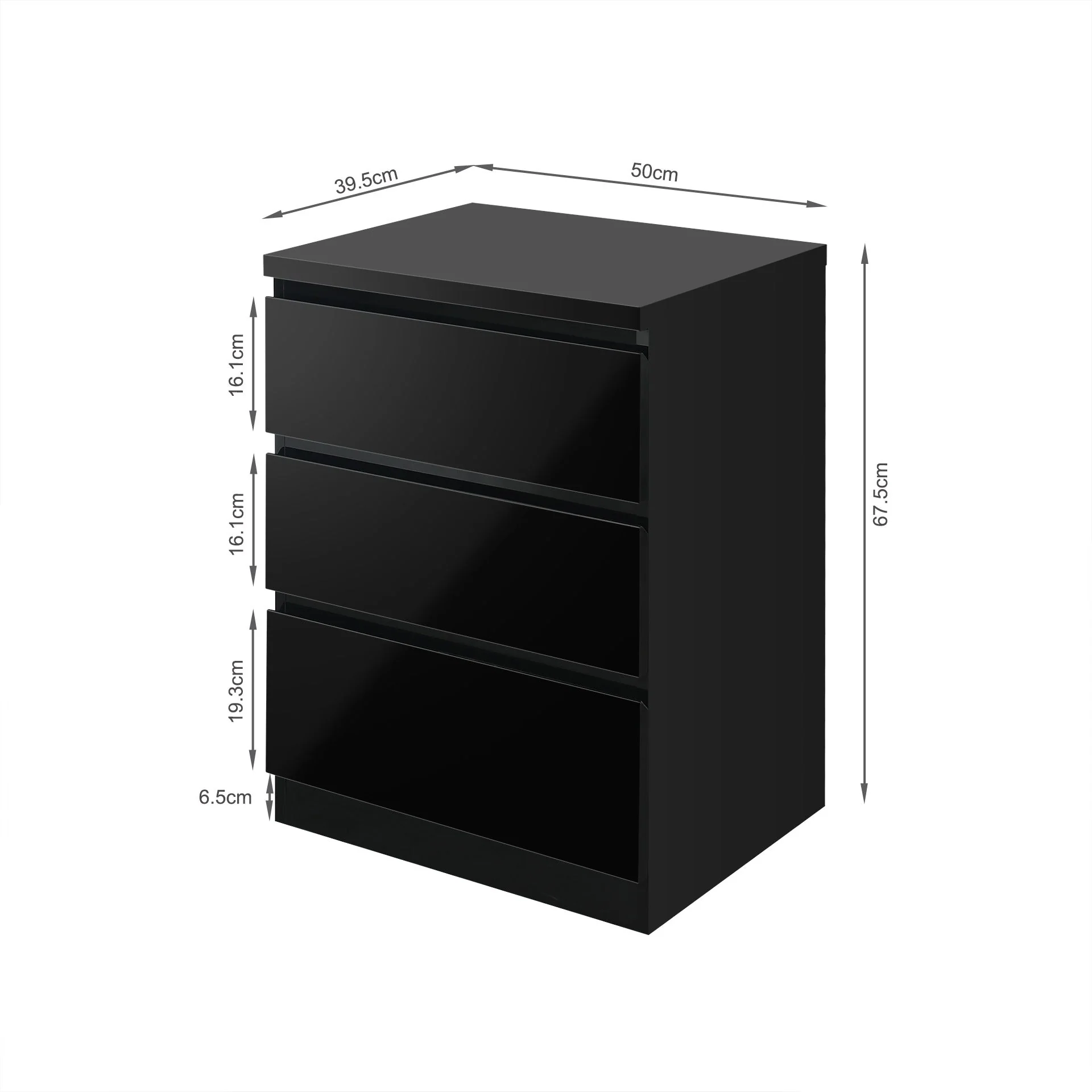 Angeles High Gloss Bedside Table with 3 Drawers - Black - Image 11