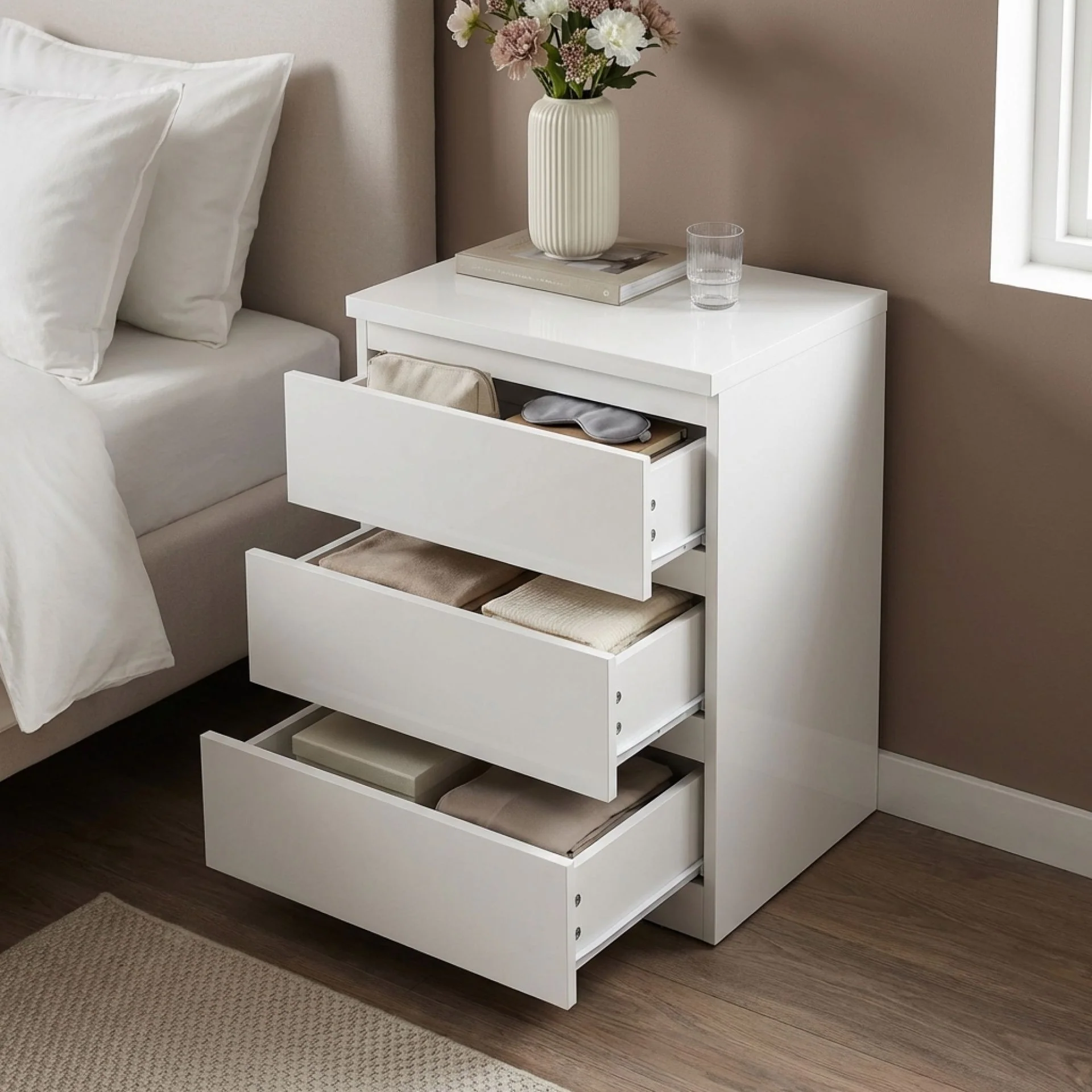 Angeles High Gloss Bedside Table with 3 Drawers - White - Image 2