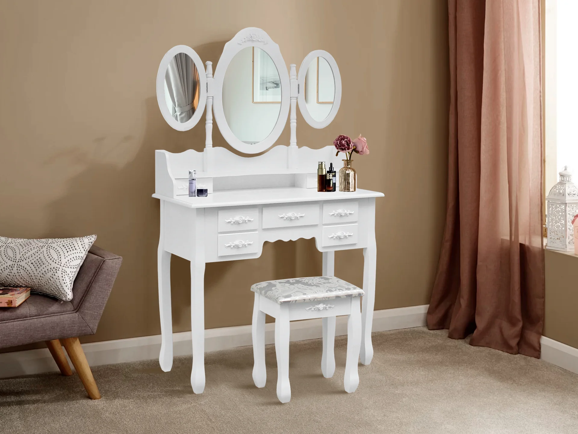 ASTILBE 7 Drawers Dressing Table with Folding Mirror Set 2PCS