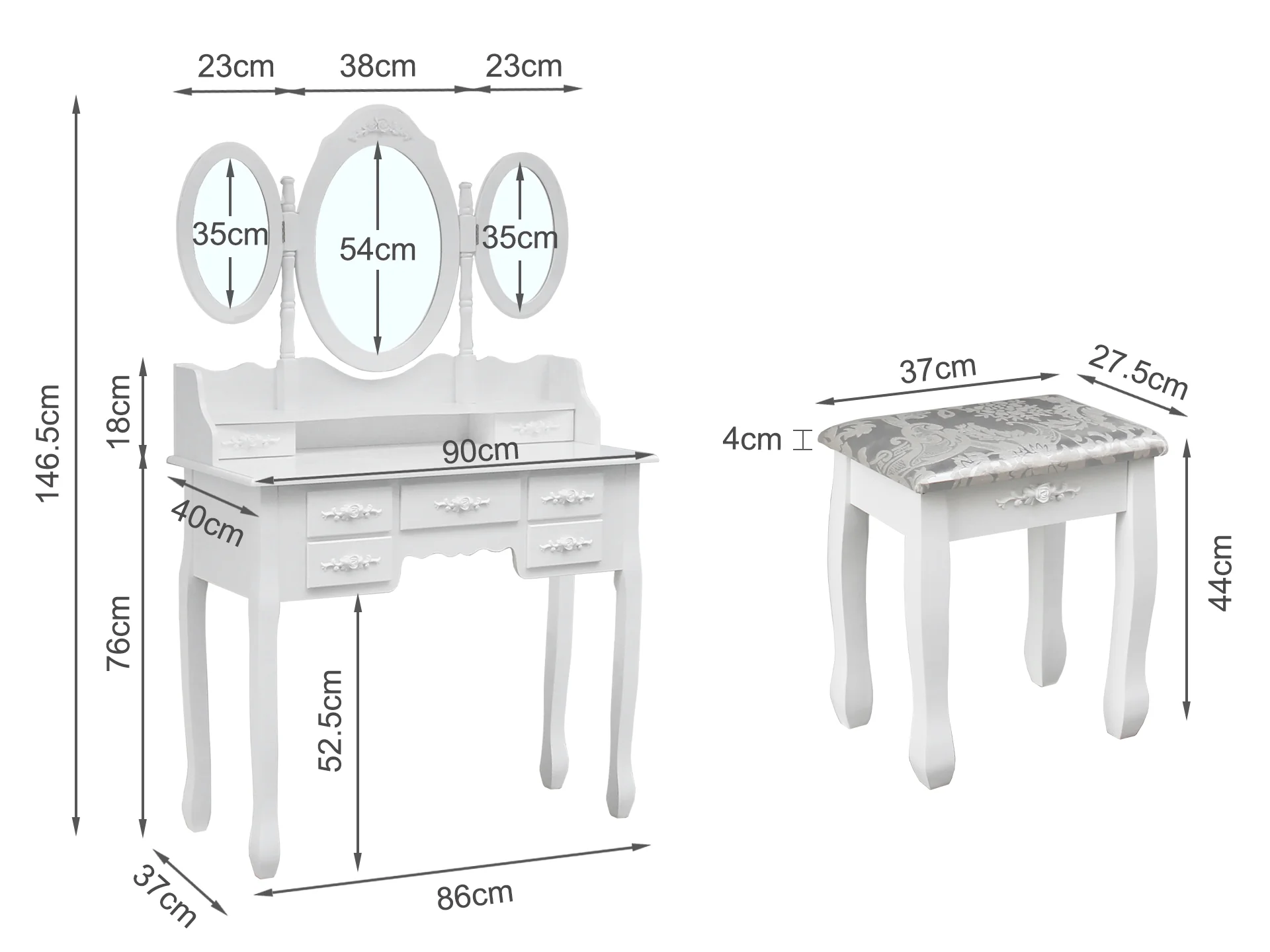 ASTILBE 7 Drawers Dressing Table with Folding Mirror Set 2PCS - Image 11