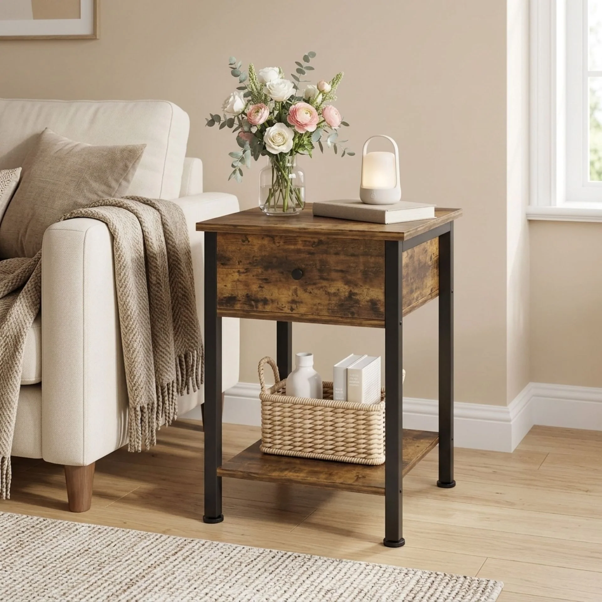 Atlas Side Table with Drawer and Storage Shelf - Rustic Brown - Image 3