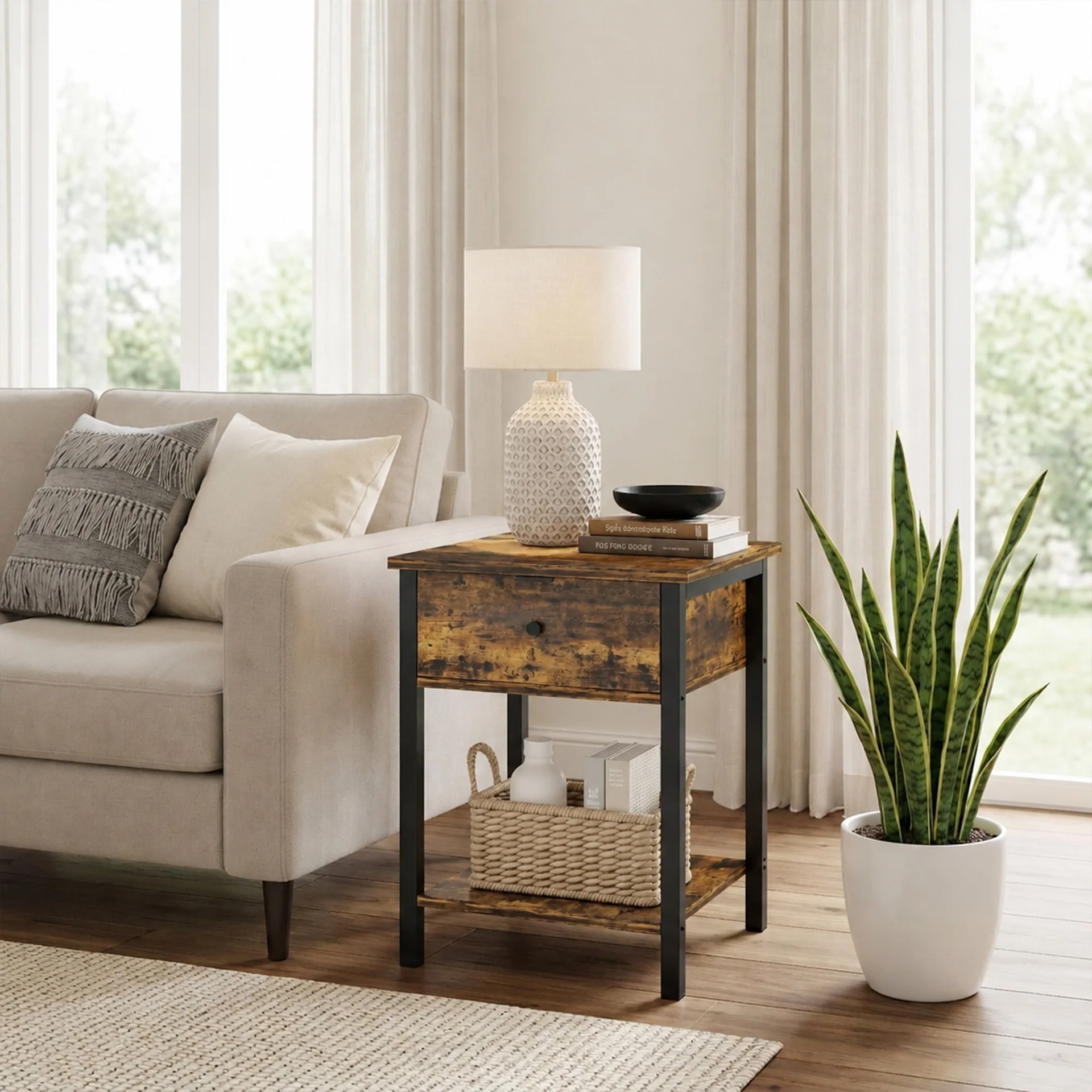 Atlas Side Table with Drawer and Storage Shelf - Rustic Brown - Image 5