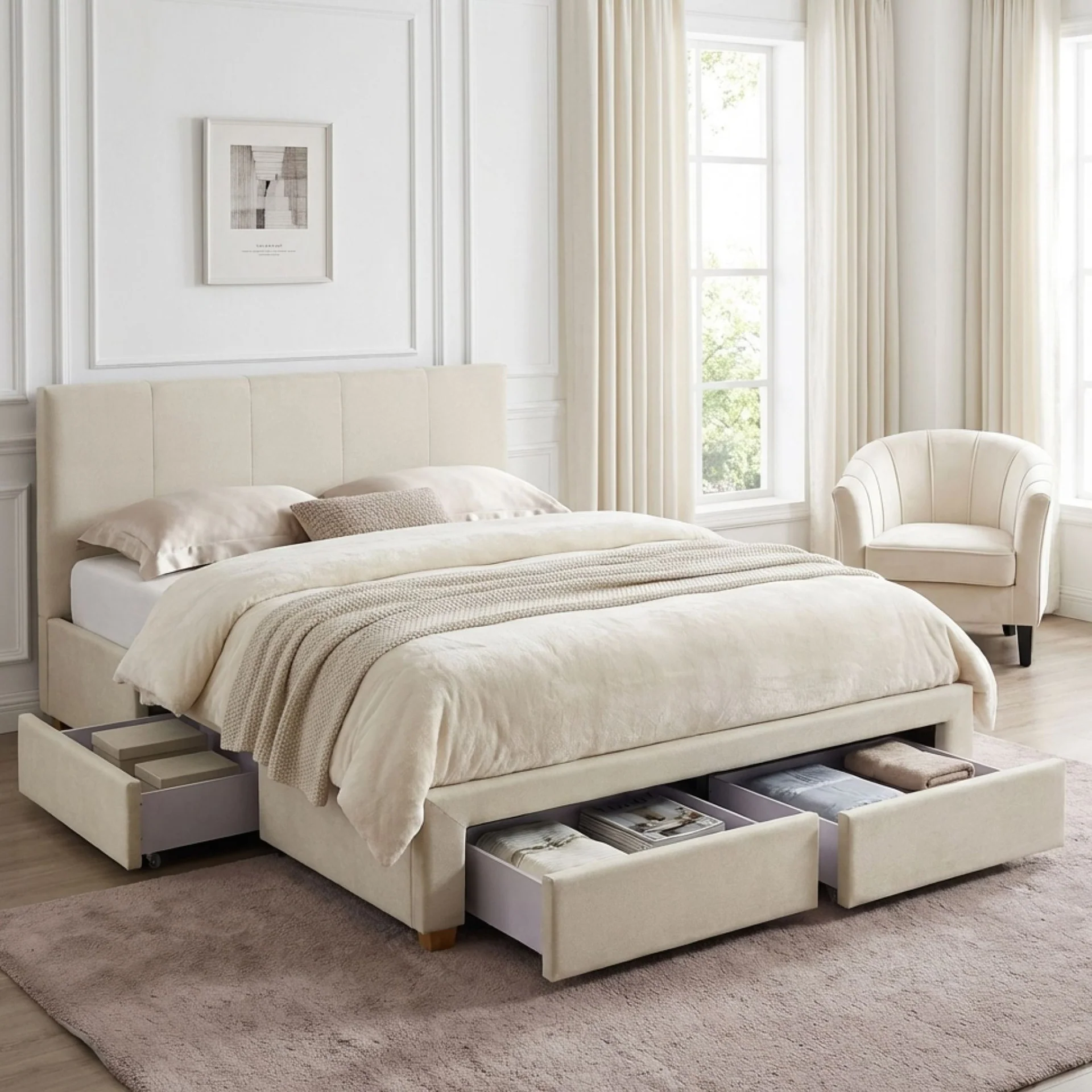 Aure Queen Bed Frame with 4 Drawers - Beige - Image 5