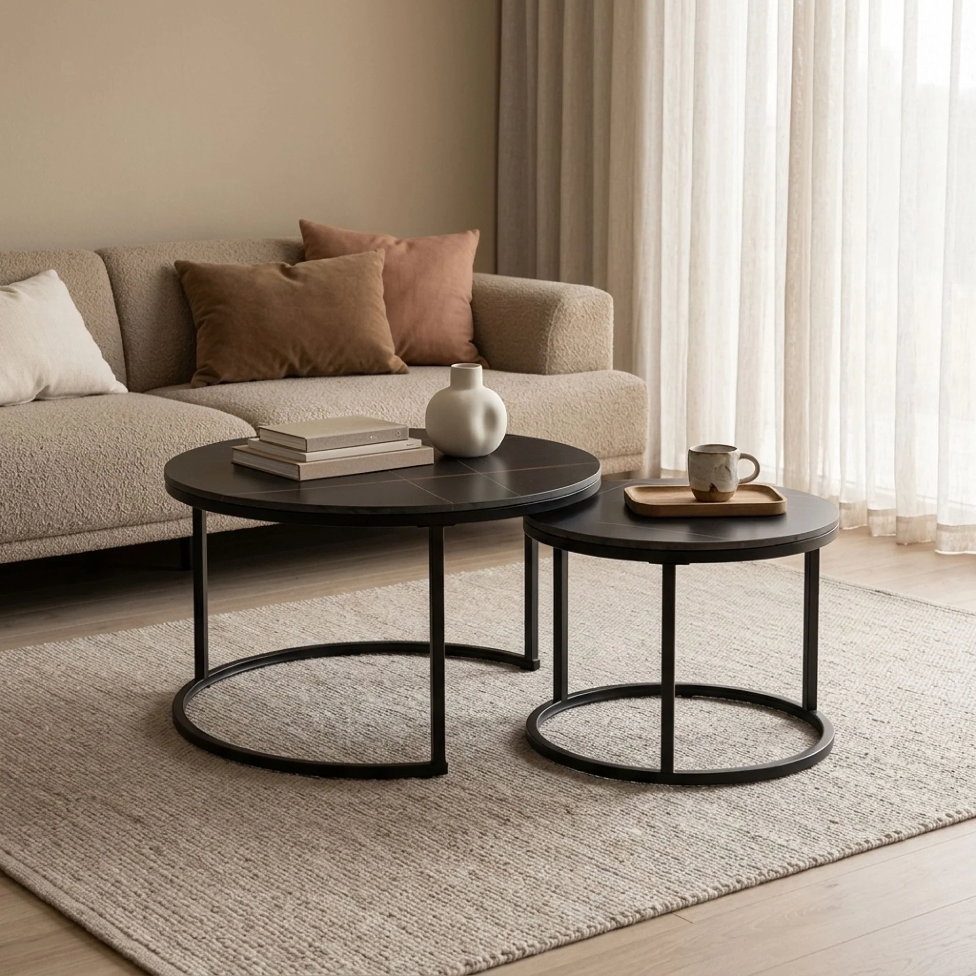 Aurelo 2pc Ceramic Coffee Table Side Table Set - Golden Black - Image 2