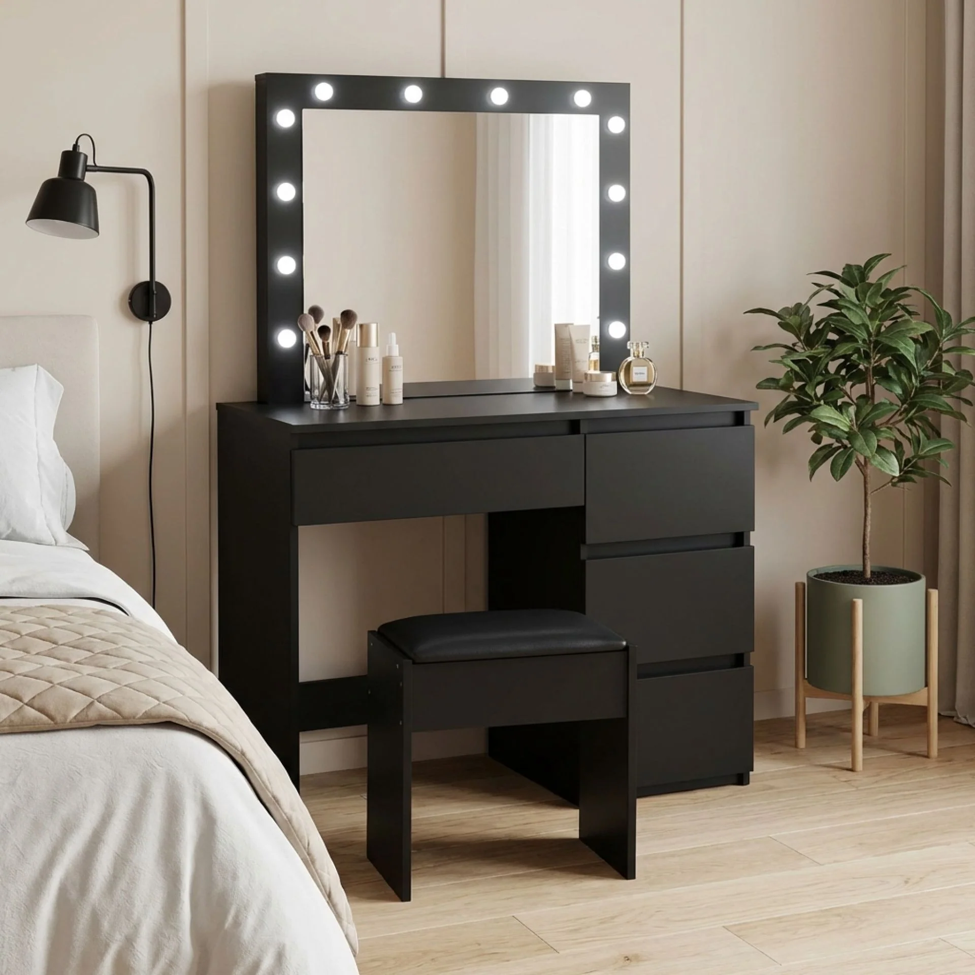Begonia 2 Piece Dressing Table with Mirror & Stool Set - Black - Image 3