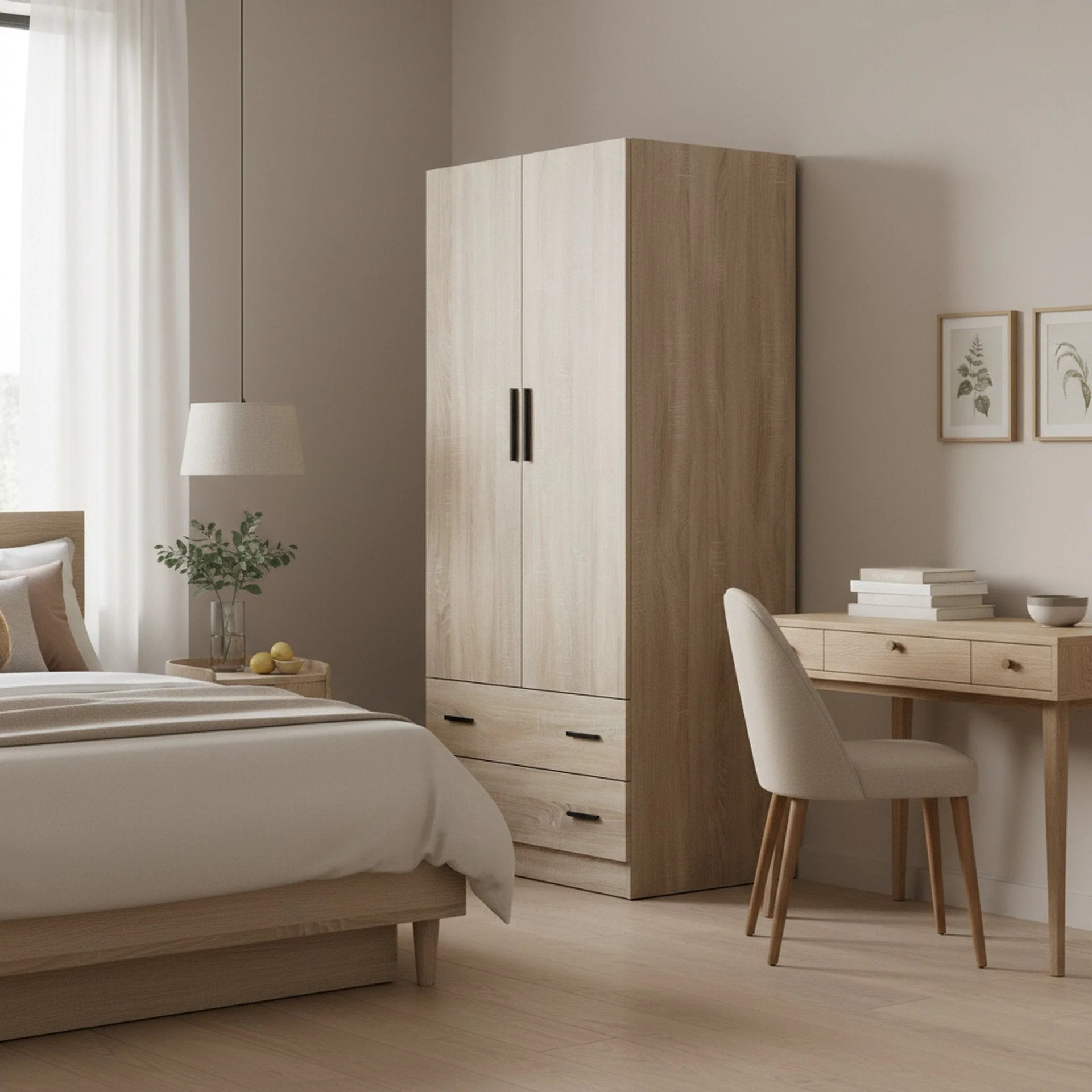 Bram 2 Door Wardrobe with 2 Drawers - Oak - Image 3