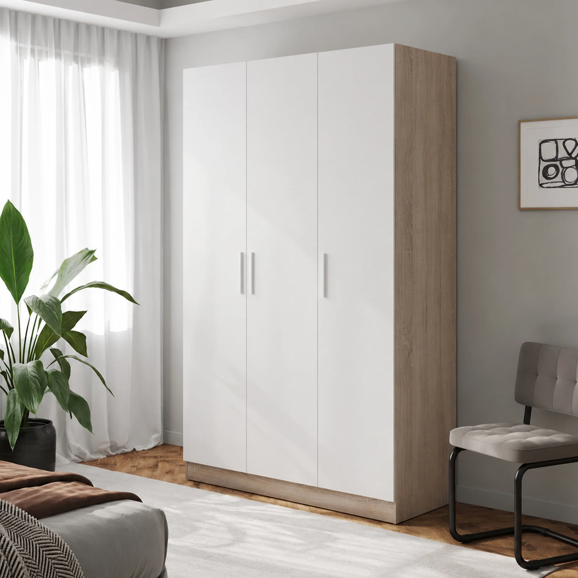 Bram 3 Door Wardrobe Cabinet - Oak + White - Image 5