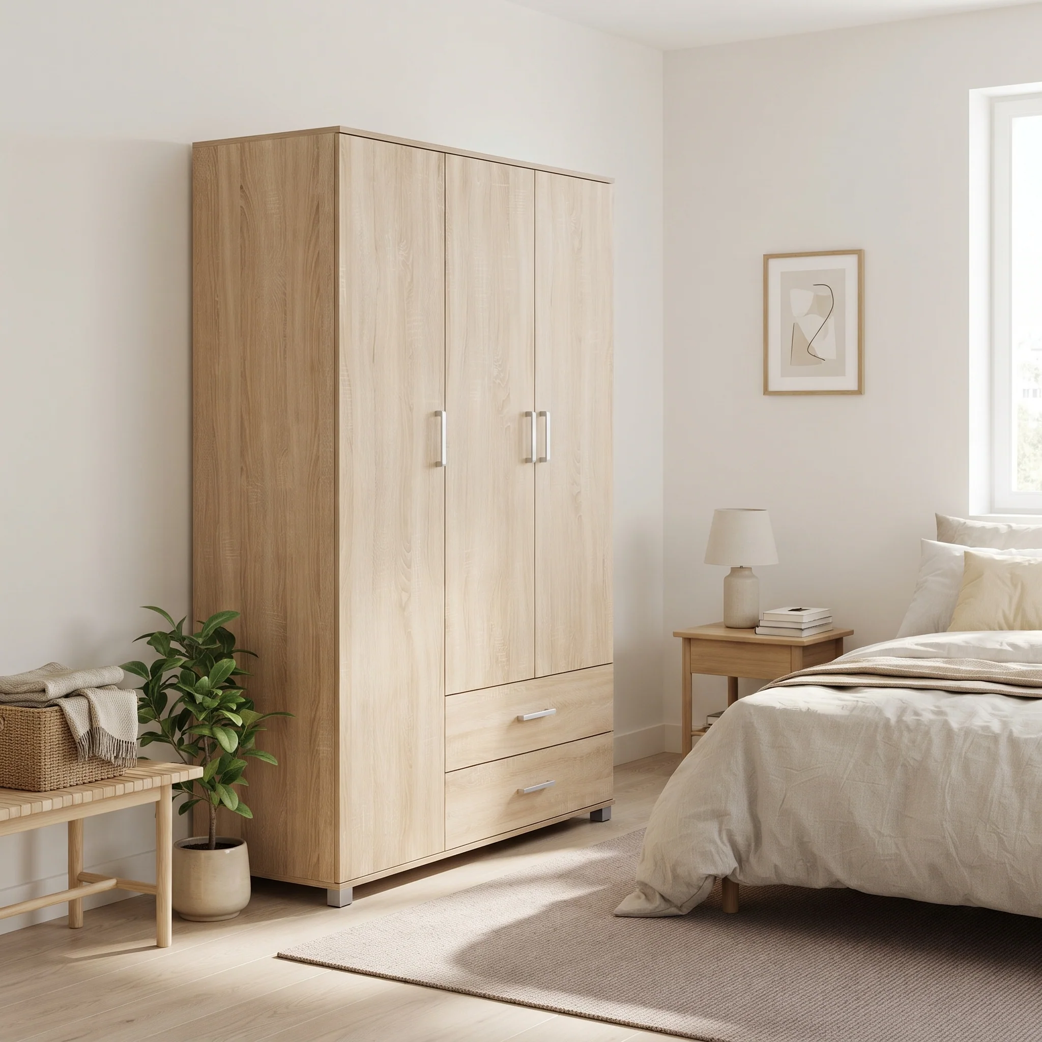 Bram 3 Door Wardrobe Cabinet with 2 Drawers - Oak (p1=0.126m3 - 45.5kg) (p2=0.096m3 - 42kg)(T=0.222m3-87.5kg) - Image 5