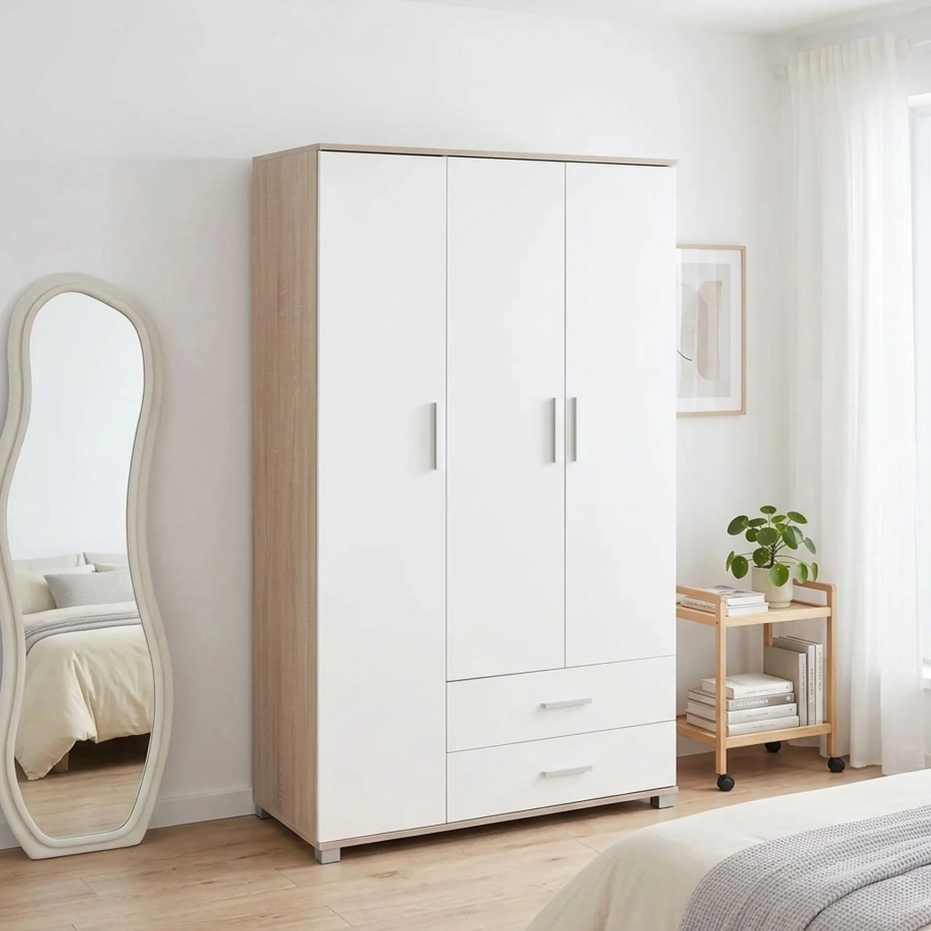 Bram 3 Door Wardrobe Cabinet with 2 Drawers - Oak + White - Image 7