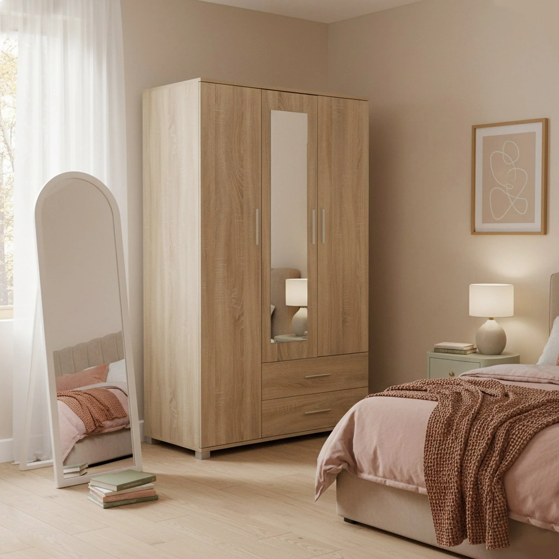 Bram 3 Door Wardrobe Cabinet with Mirror - Oak - Image 2