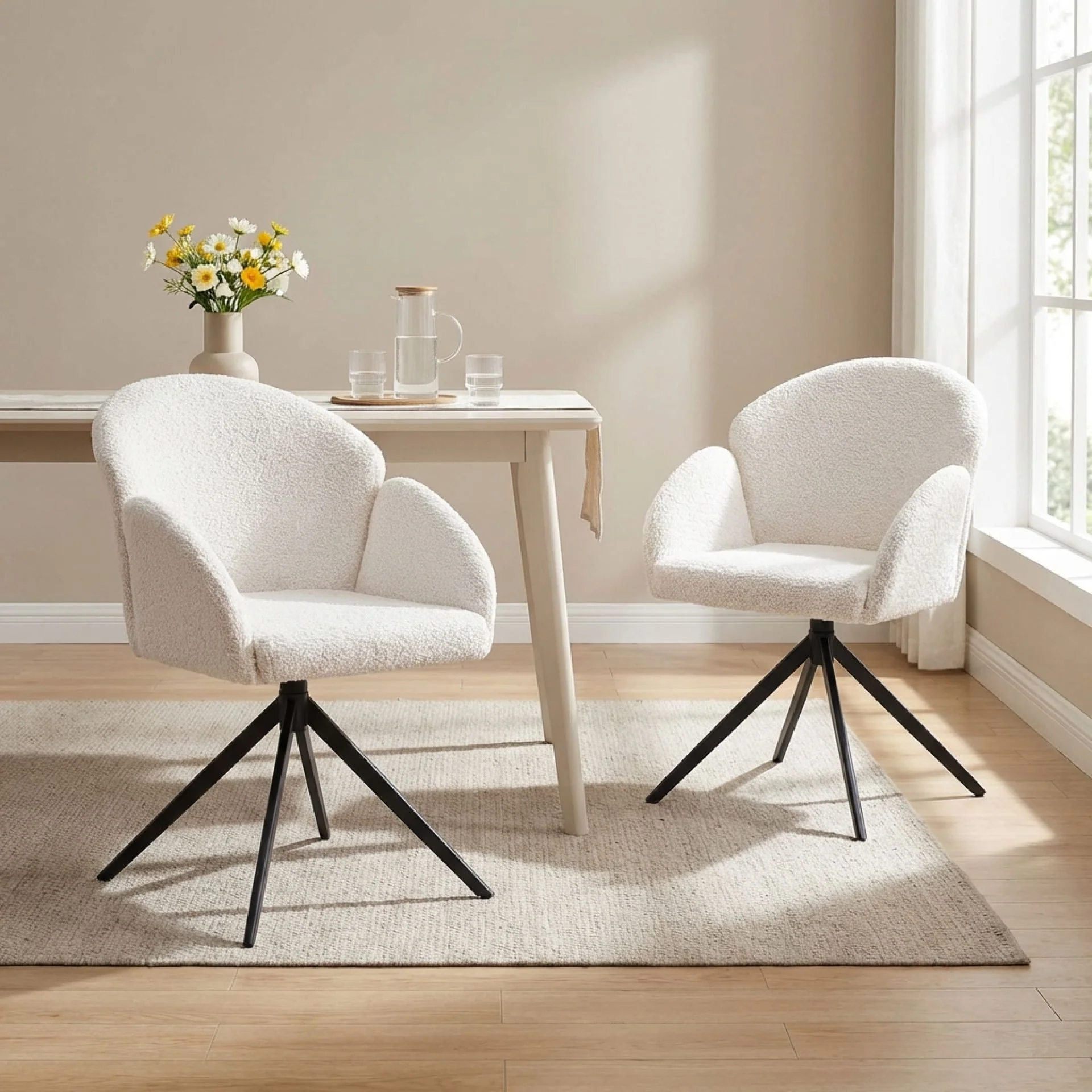 Carmen Boucle Swivel Dining ArmChairs - Set of 2 - Milky White - Image 5