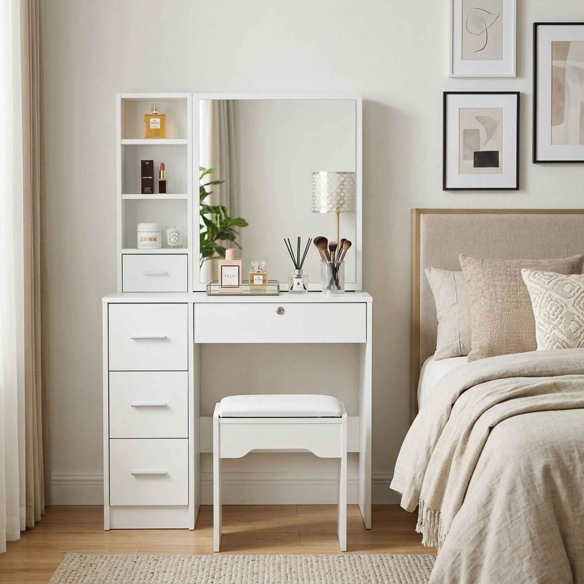 Carnation Dressing Table with Drawers Set 2pcs - White - Image 8