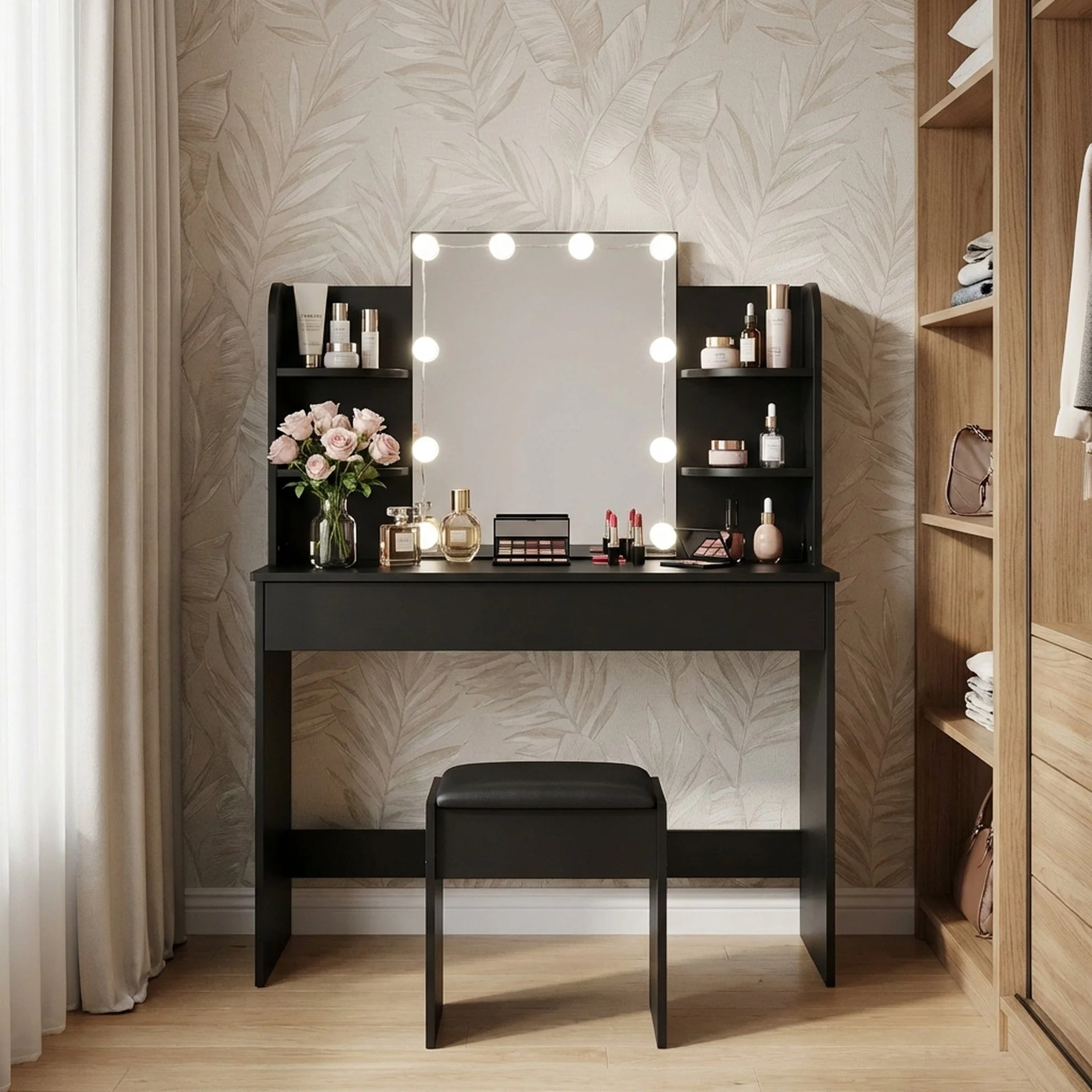 Celosia 2 Piece Dressing Table with Mirror & Stool Set - Black - Image 5