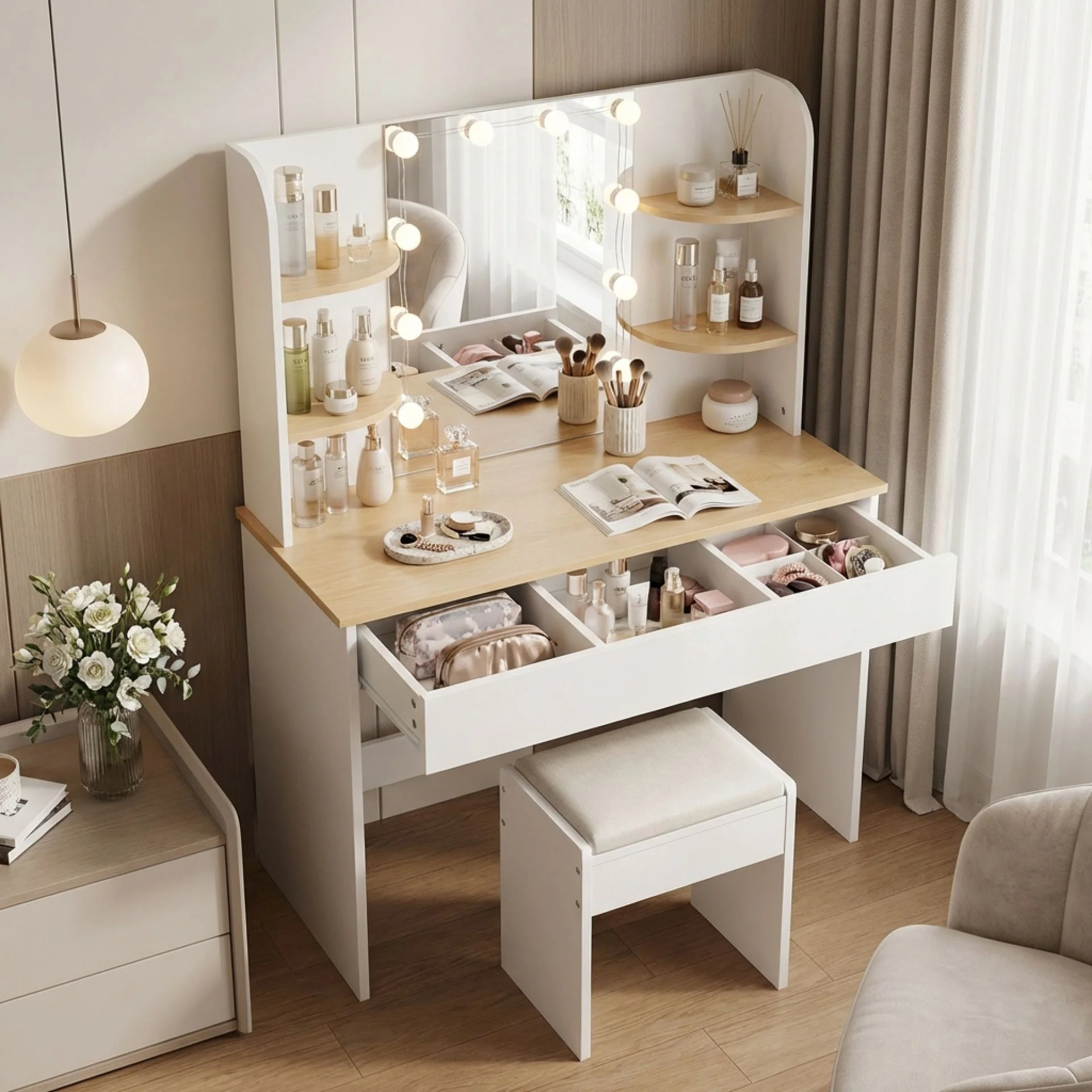 Celosia 2 Piece Dressing Table with Mirror & Stool Set - White + Natural - Image 2