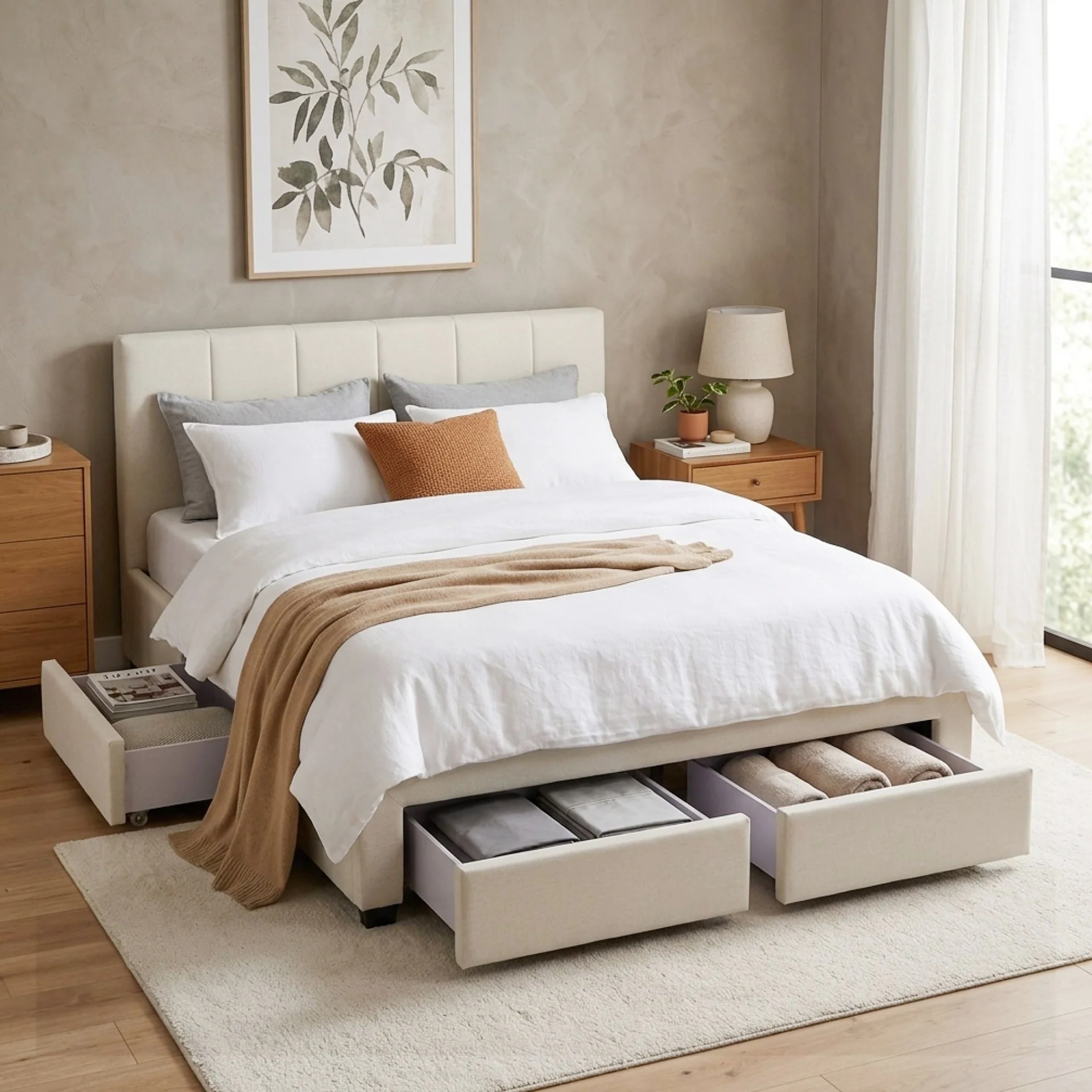 Charlotte Double Bed Frame with 4 Drawers - Beige - Image 5