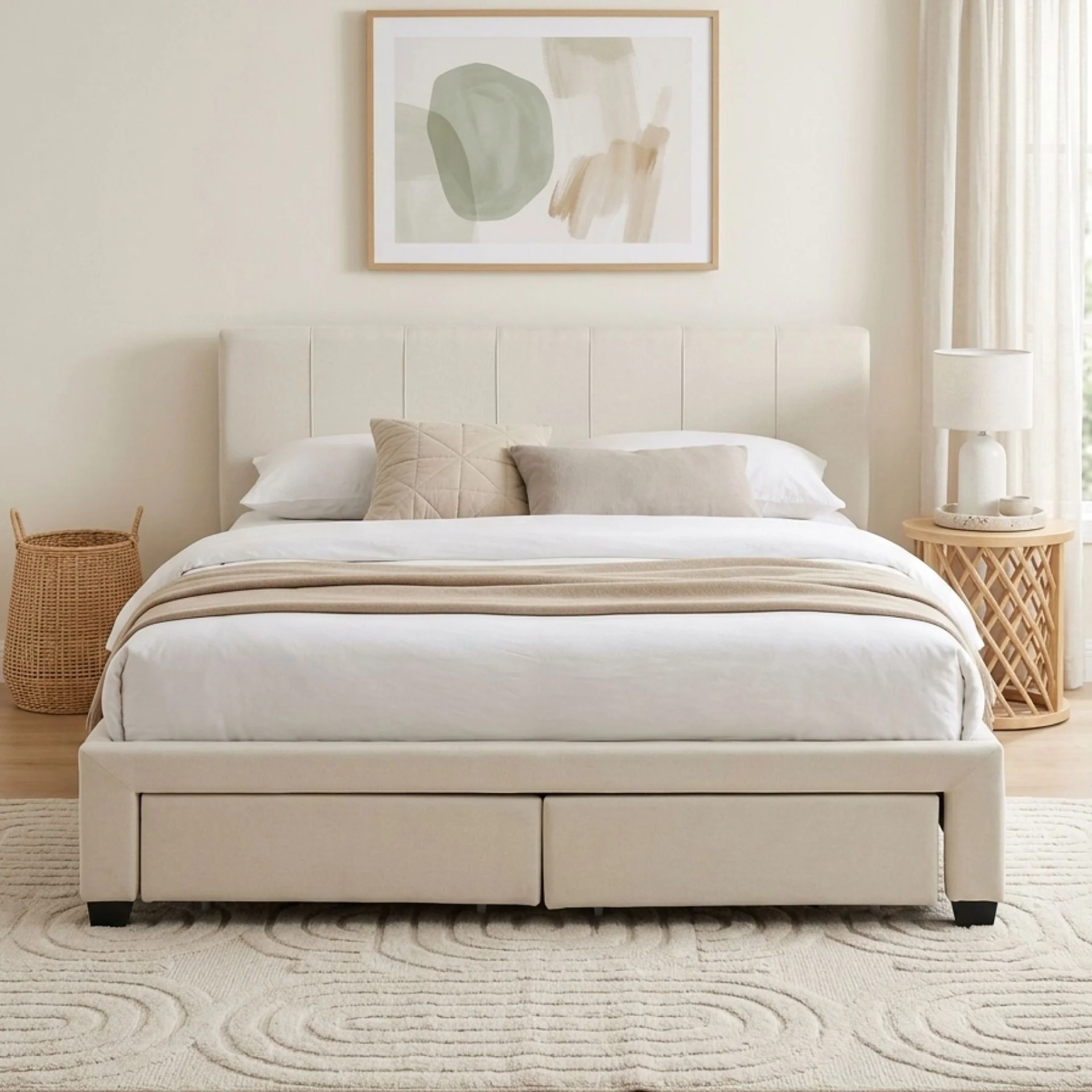 Charlotte Queen Bed Frame with 4 Drawers - Beige - Image 3