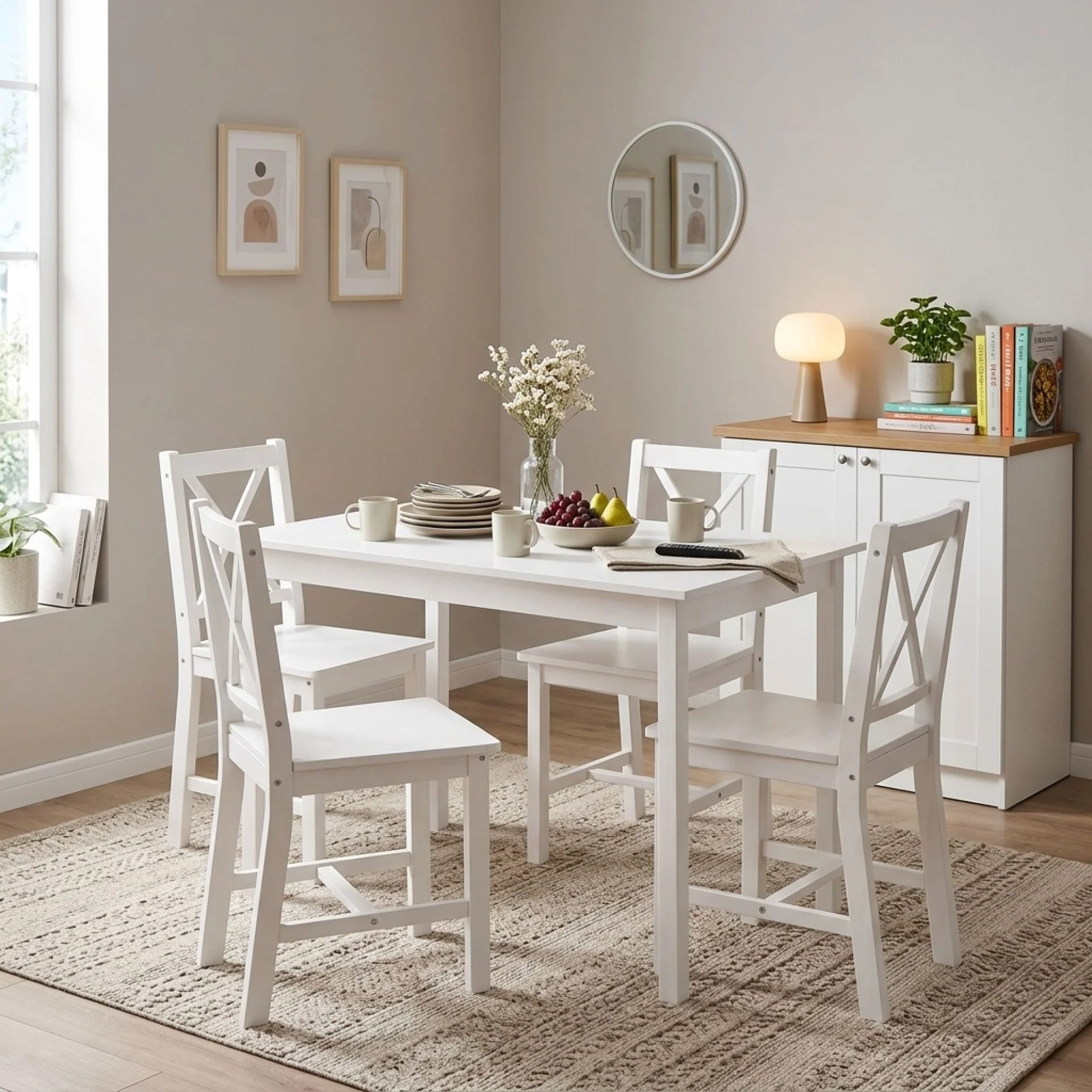 Chloe 5-Piece Solid Pine Wood Dining Table & Chair Set - White - Image 5