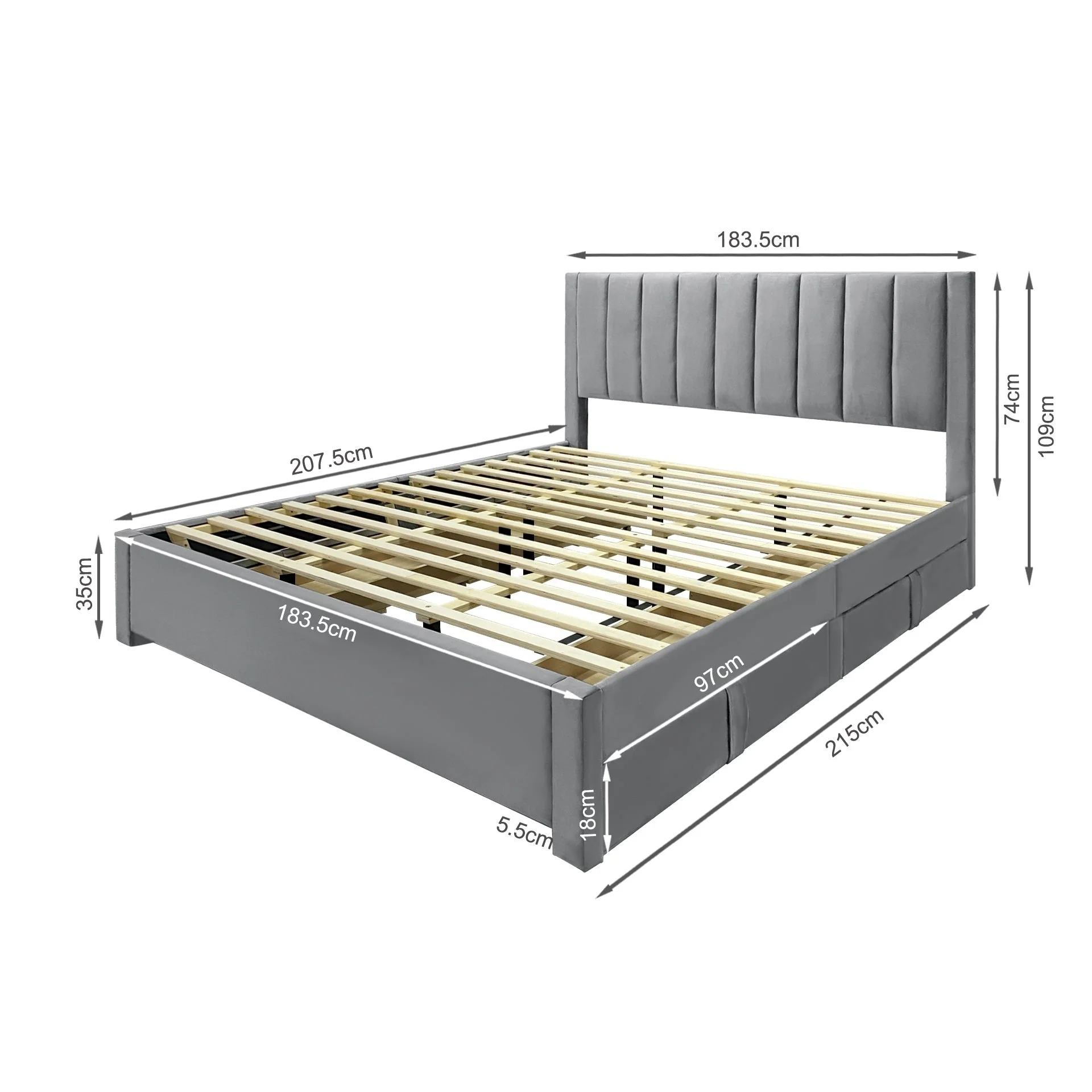 Columbia Super King Fabric Bed Frame with 4 Drawers - Grey - Image 11