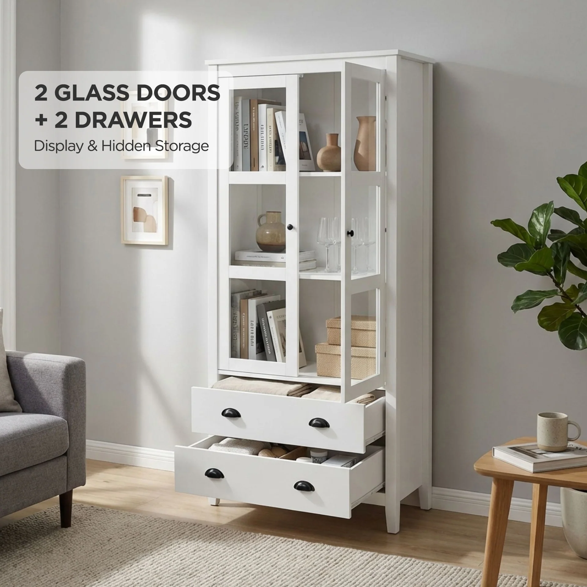 Congo Display Cabinet with 2 Drawer - White - Image 2