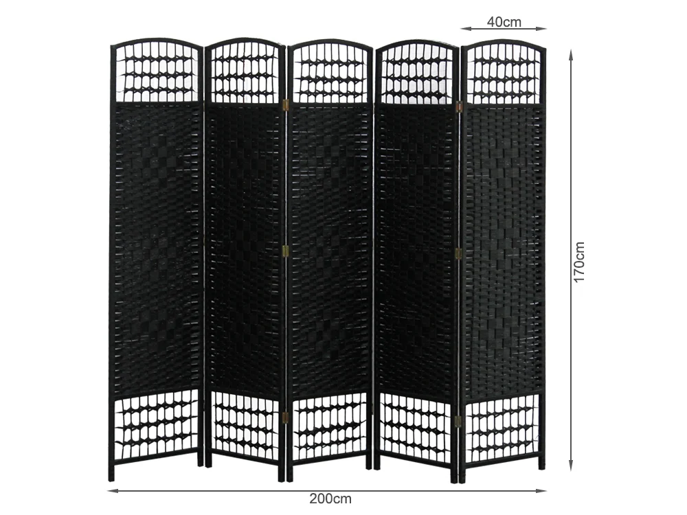 COONOOR 1.7M Rattan Room Divider Screen 5 Panels - BLACK - Image 4