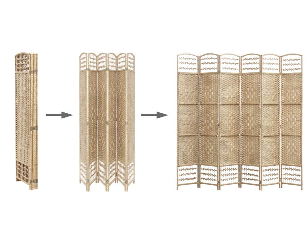 COONOOR 1.7M Rattan Room Divider Screen 6 Panels - NATURAL - Image 3