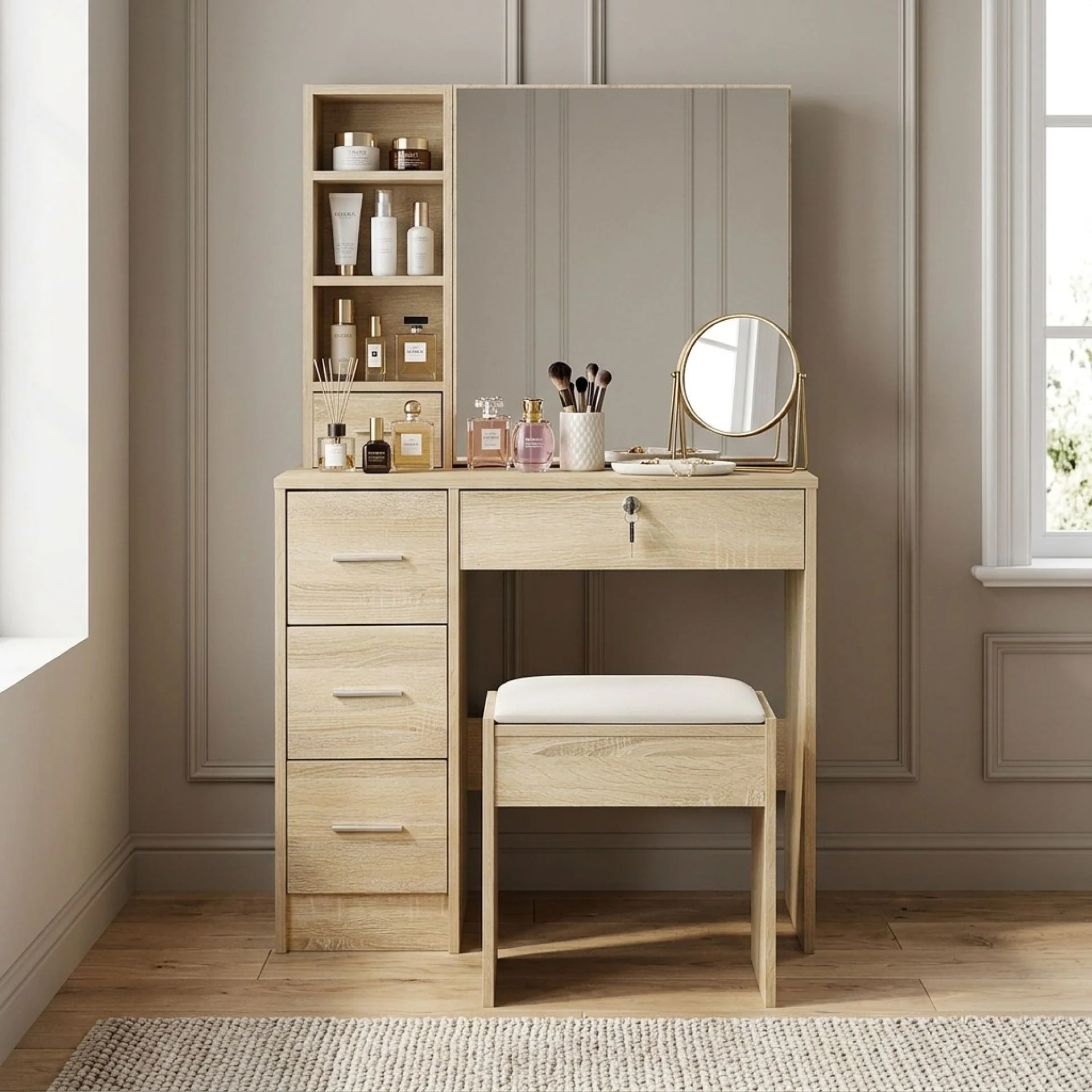 Carnation Dressing Table with Drawers Set - Oak - Image 10