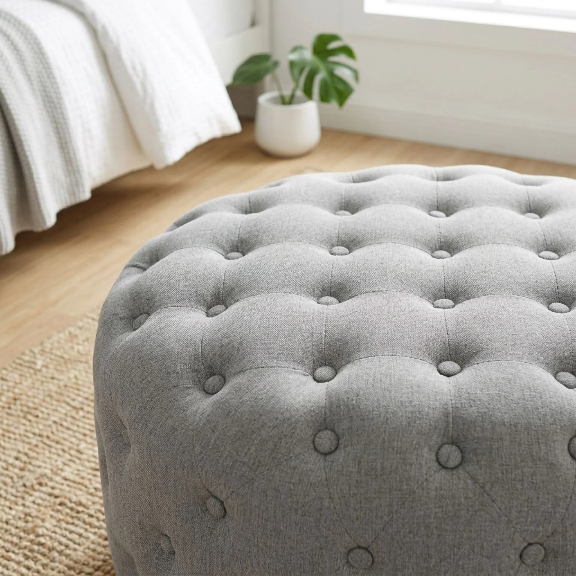 Disk Linen Ottoman - Grey - Image 6