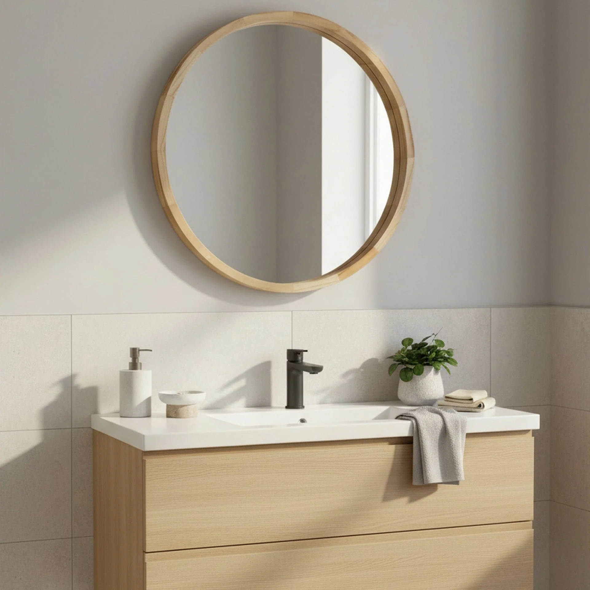 Echo Round Wooden Framed Wall Mirror 60cm - Light Wood - Image 2