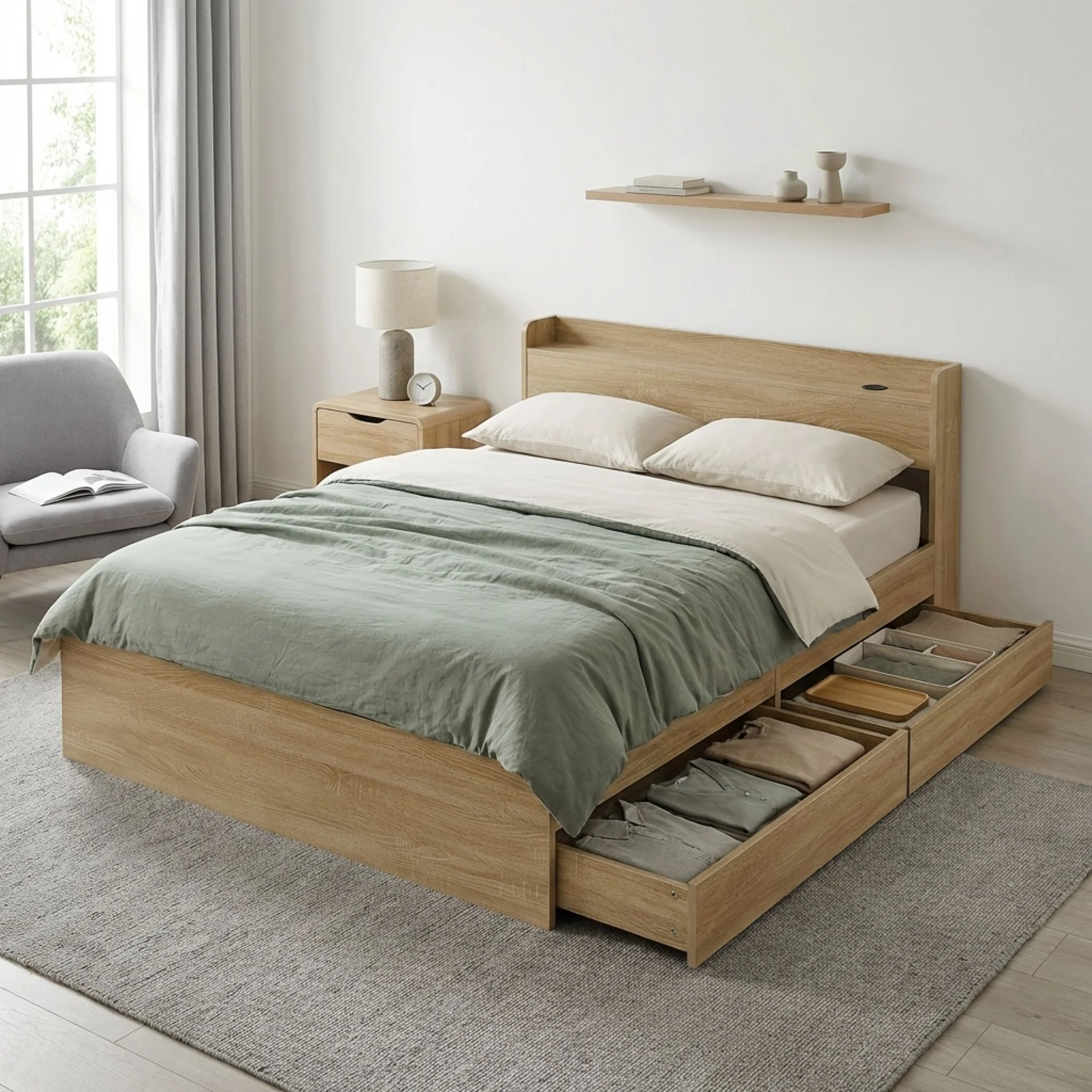 Elda Double Bed Frame with USB Port & Drawers - Natural - Image 2