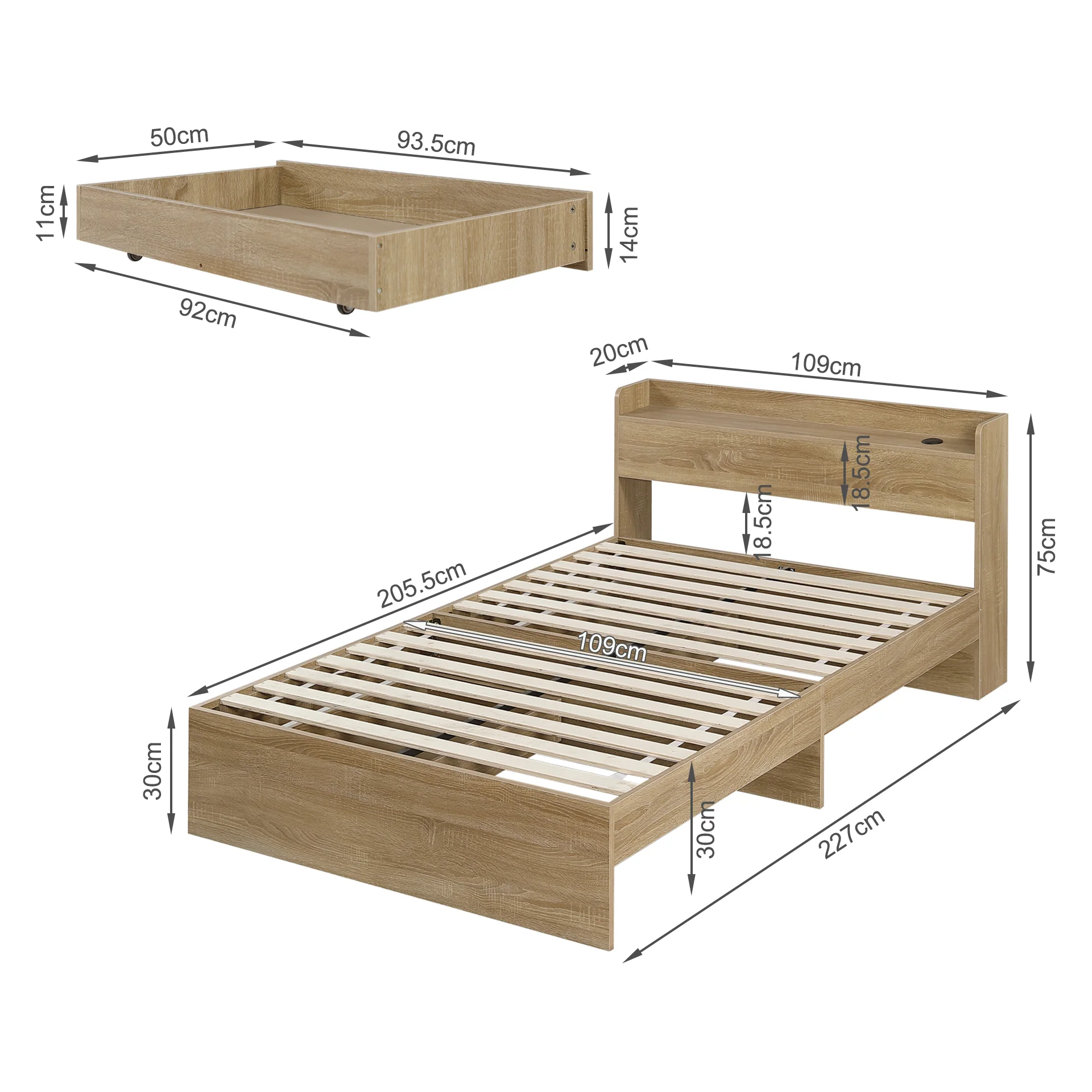Elda King Single Bed Frame with USB Port & Drawers - Natural - Image 18