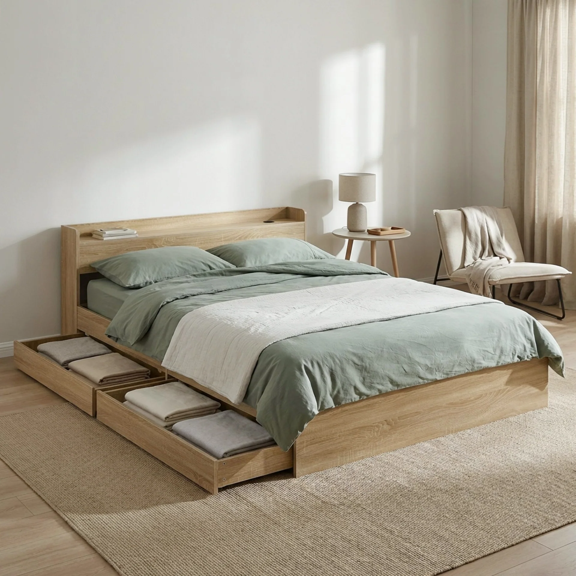 Elda Queen Bed Frame with USB Port & Drawers - Natural