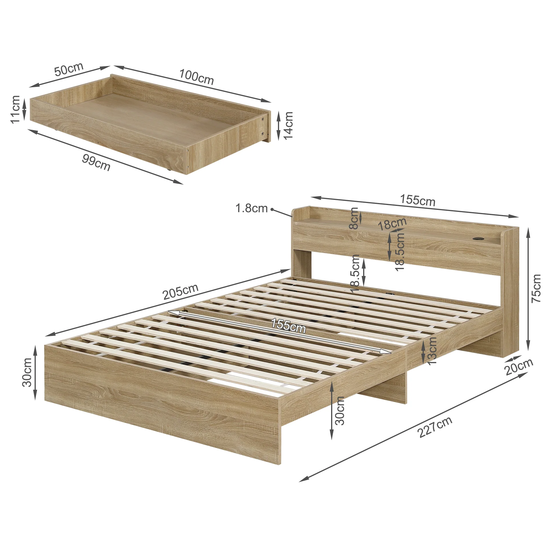 Elda Queen Bed Frame with USB Port & Drawers - Natural - Image 16