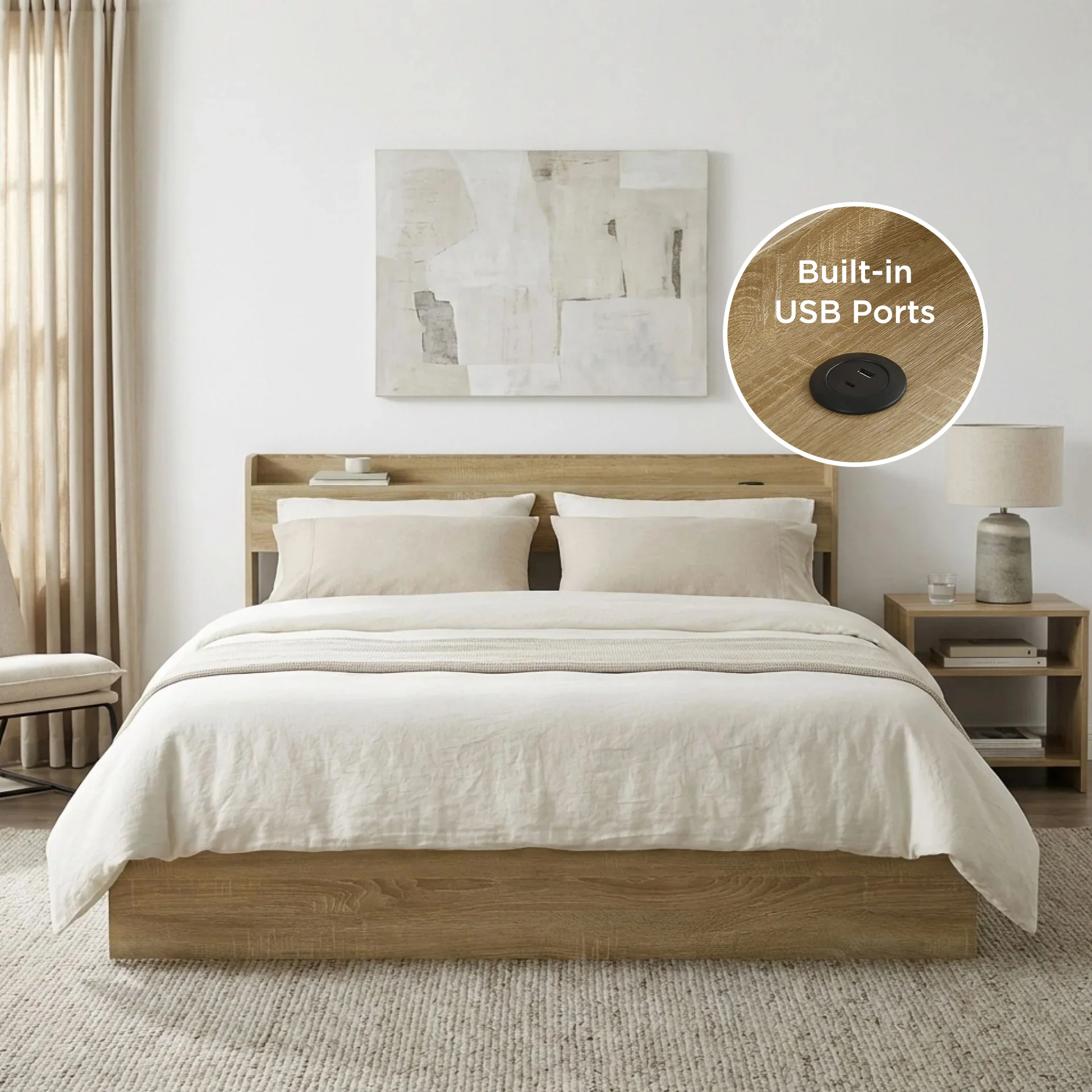 Elda Queen Bed Frame with USB Port & Drawers - Natural - Image 2