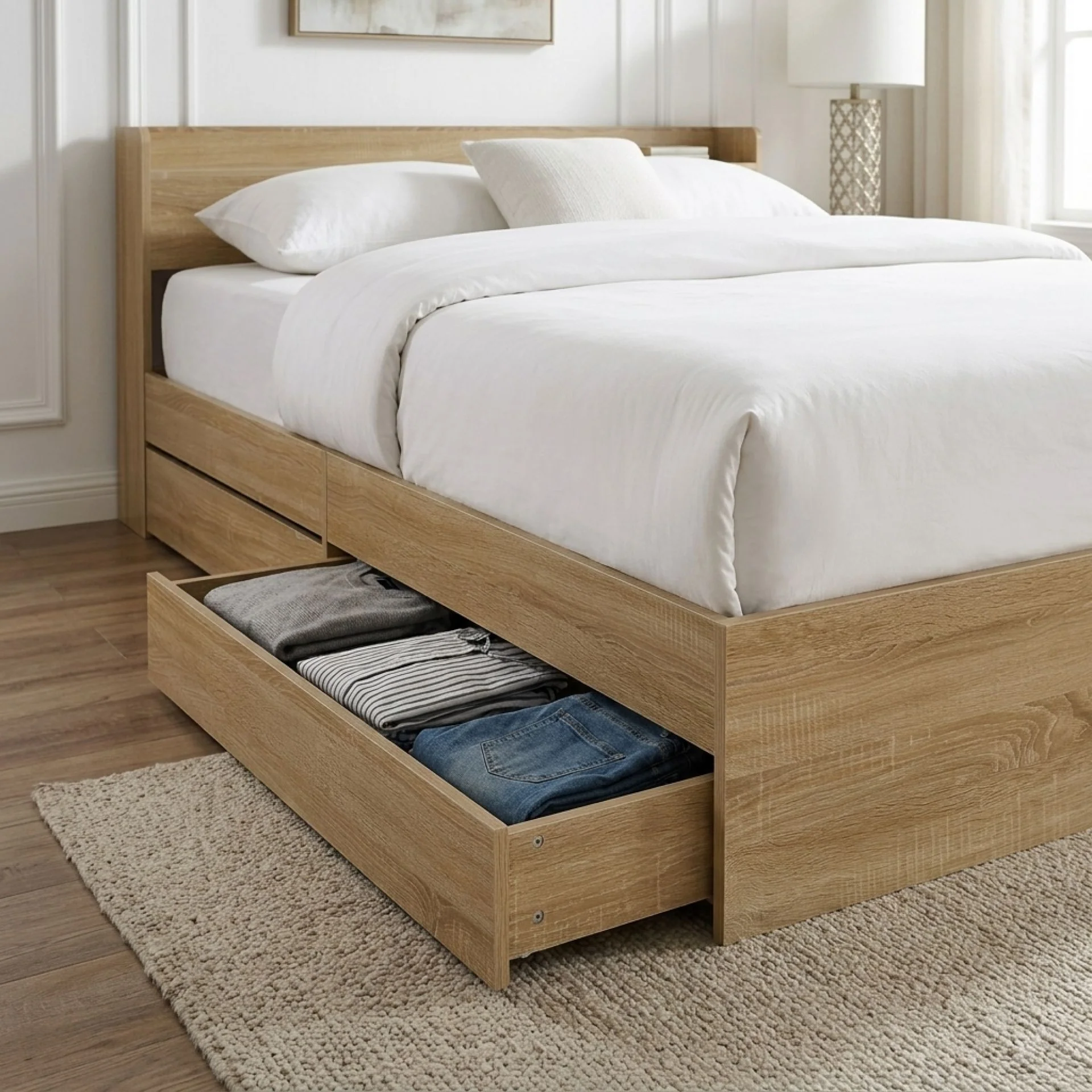 Elda Queen Bed Frame with USB Port & Drawers - Natural - Image 6