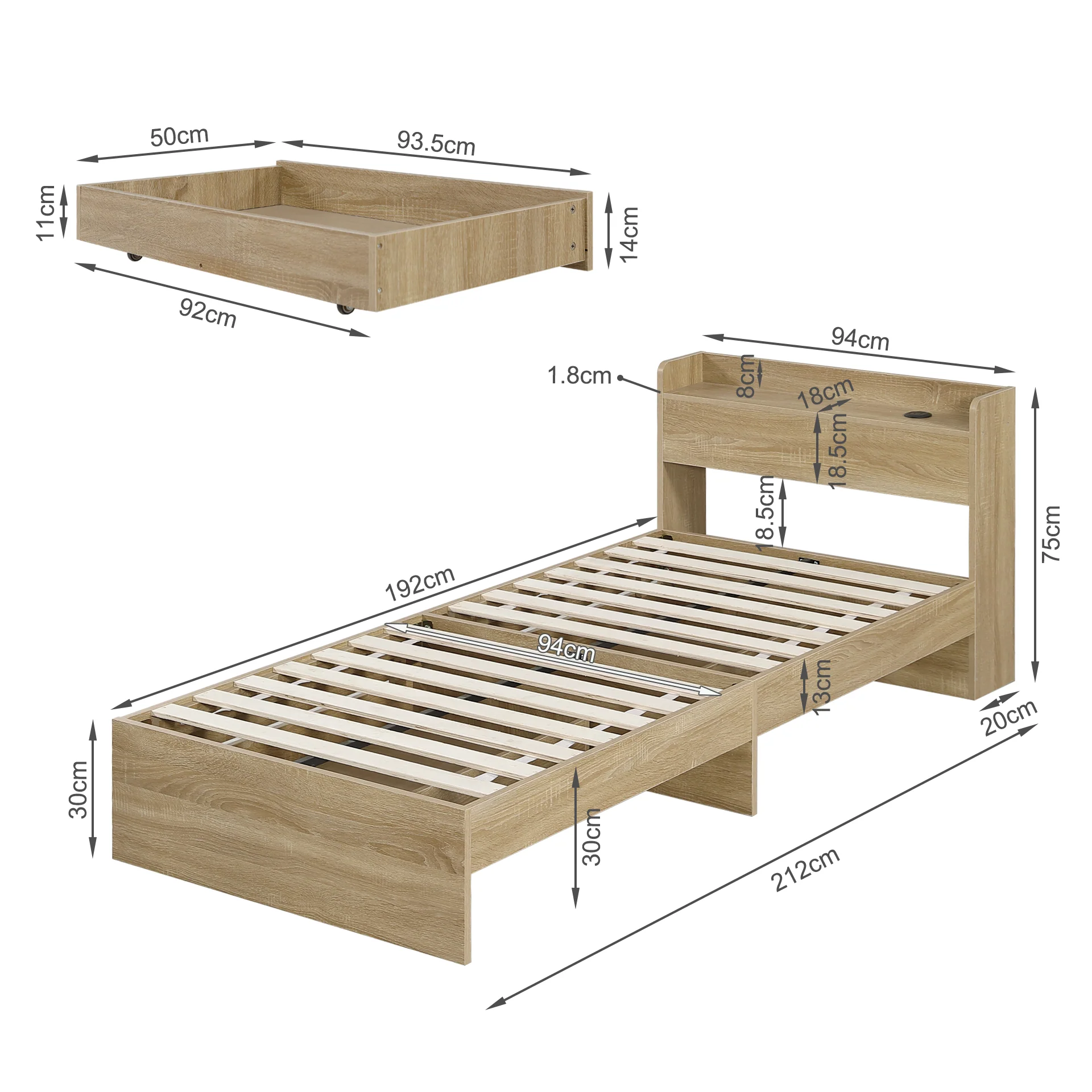 Elda Single Bed Frame with USB Port & Drawers - Natural - Image 16