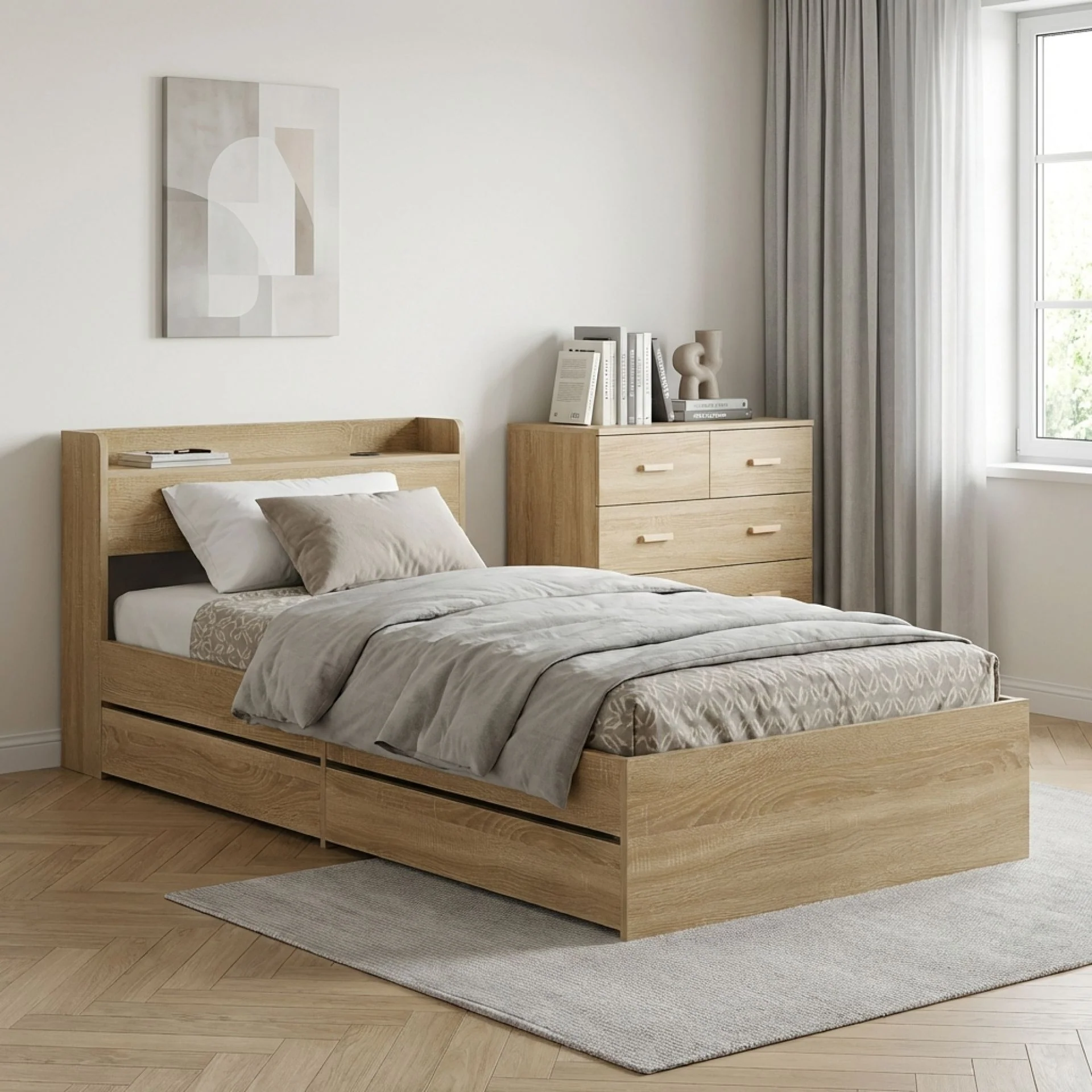Elda Single Bed Frame with USB Port & Drawers - Natural - Image 4