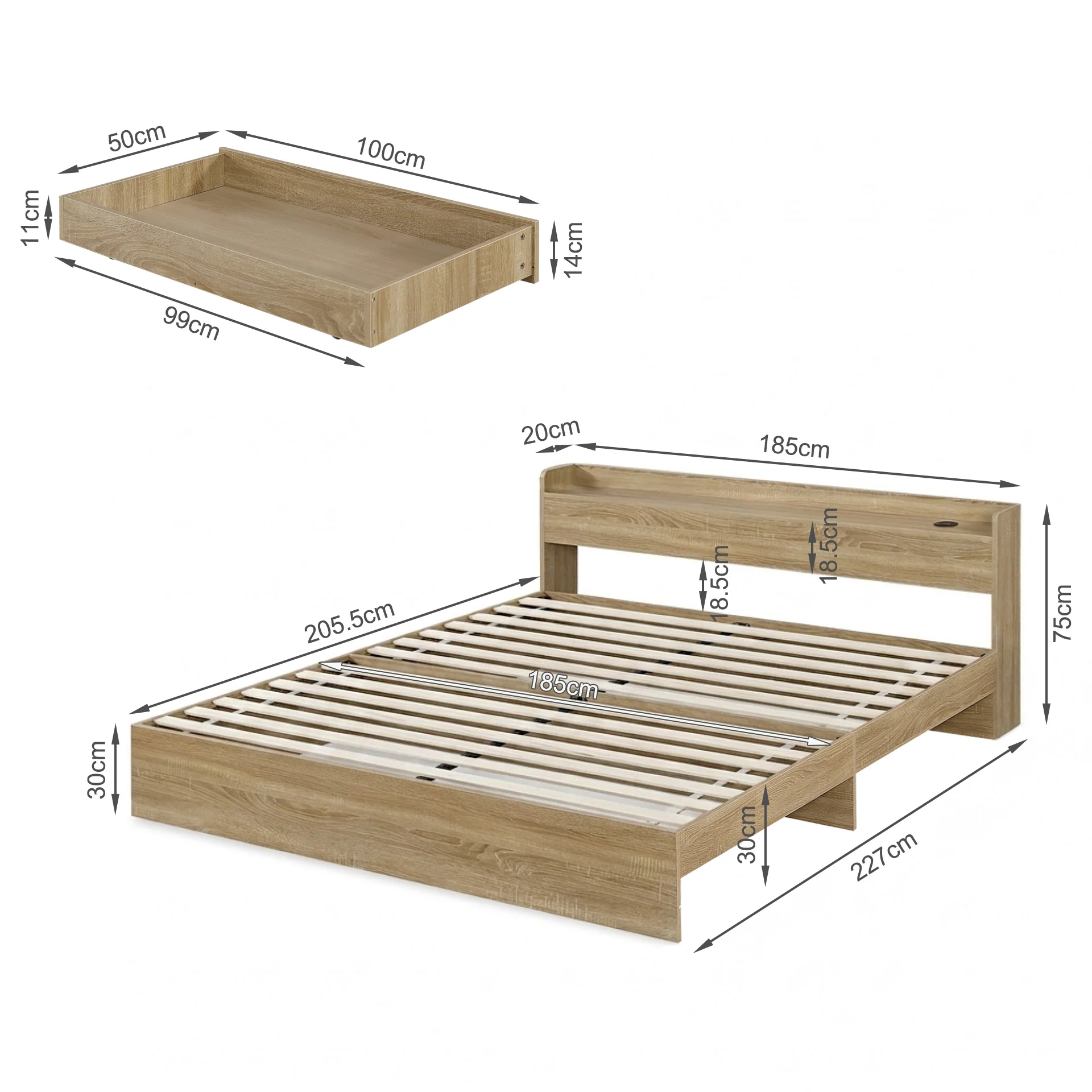 Elda Super King Bed Frame with USB Port & Drawers - Natural - Image 18