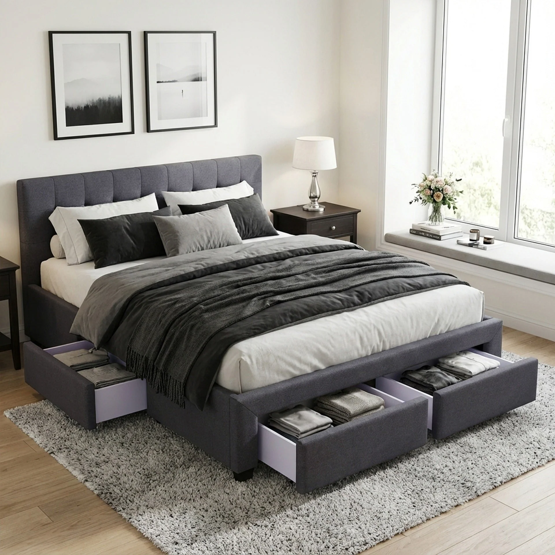 Eleanor Double Bed Frame with 4 Drawers - Dark Grey - Image 2