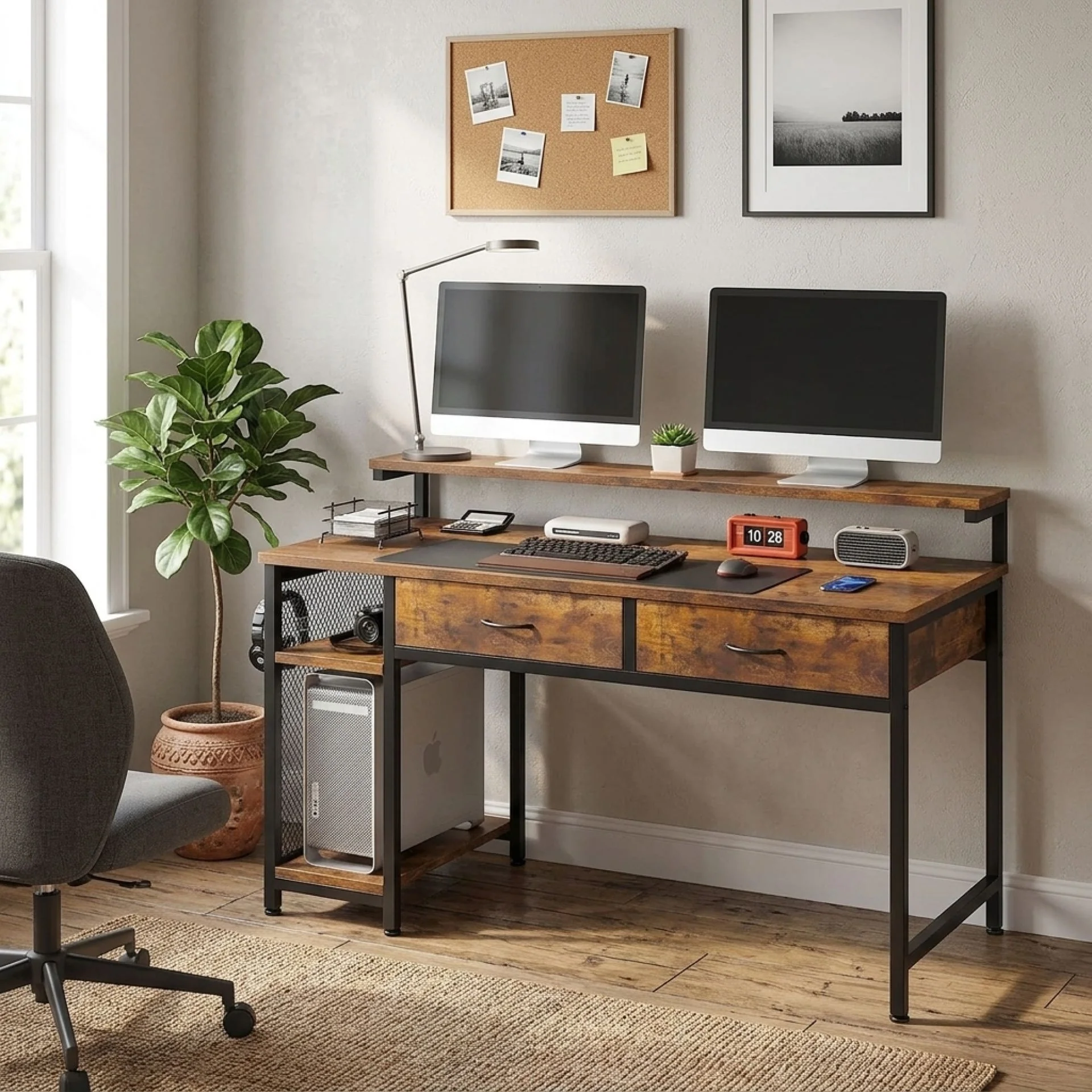 Emilio 120cm Computer Desk with 2 Drawers - Rustic Brown - Image 2