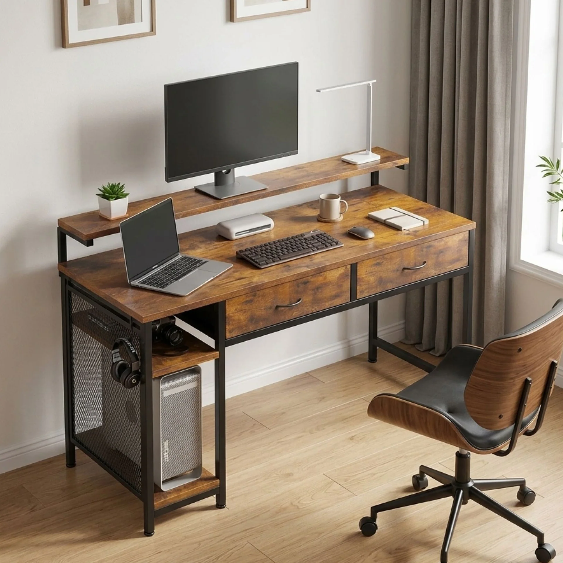 Emilio 138cm Computer Desk with 2 Drawers - Rustic Brown - Image 3