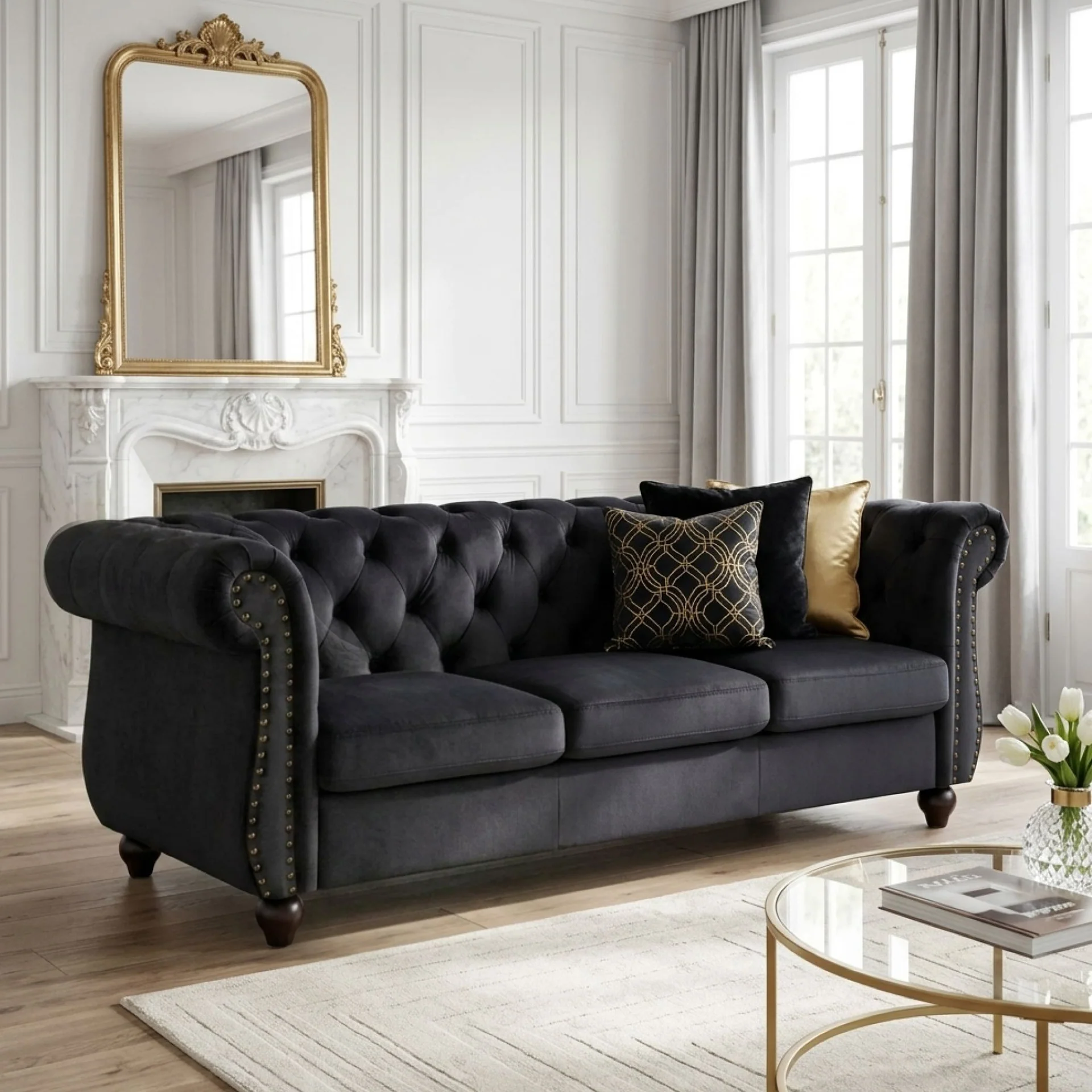 Emily Velvet 3 Seater Sofa - Black - Image 3