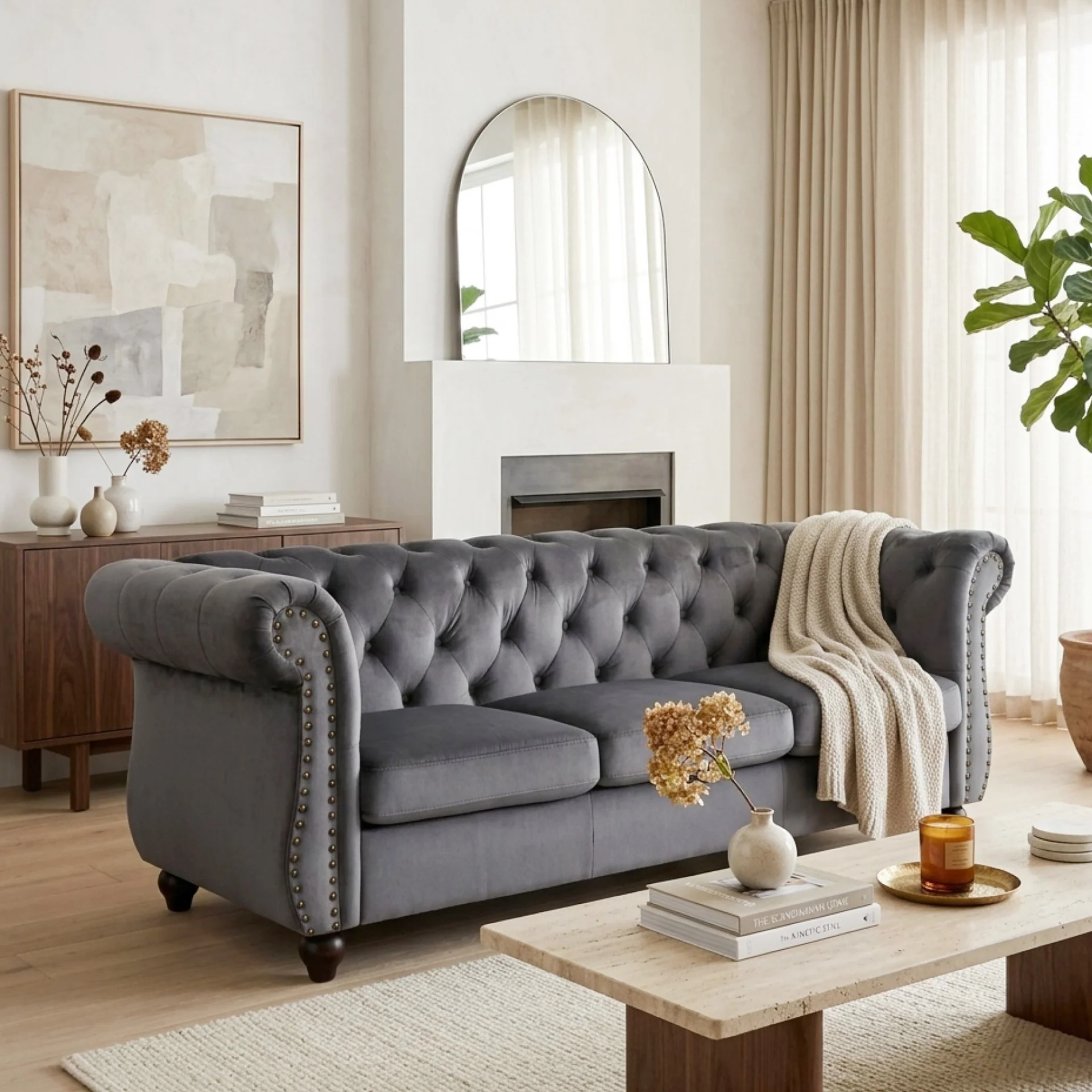 Emily Velvet 3 Seater Sofa - Grey - Image 4