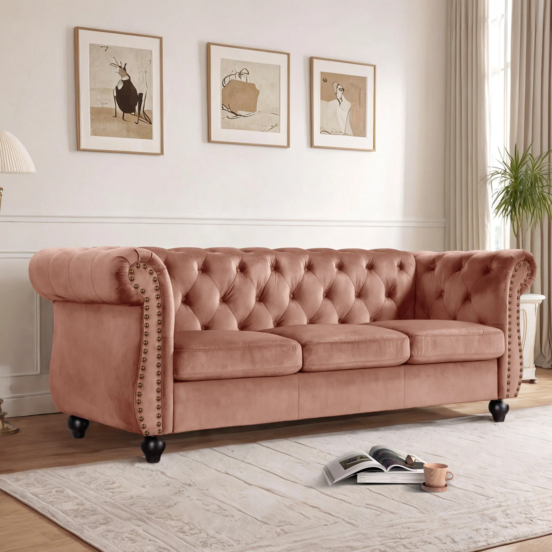 Emily Velvet 3 Seater Sofa - Rose - Image 5